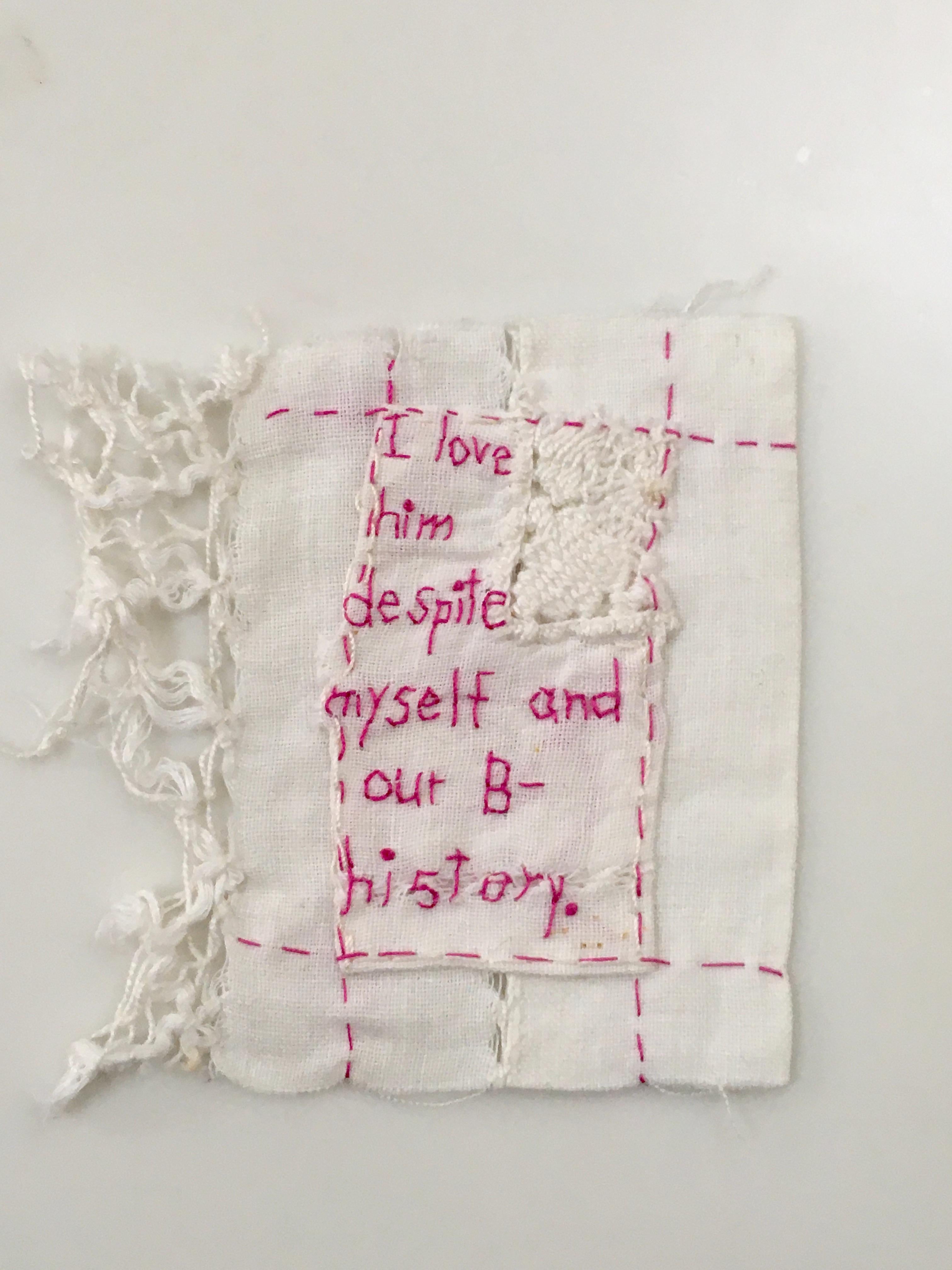 B- Story - love narrative embroidery pink thread on white vintage fabric - Mixed Media Art by Iviva Olenick