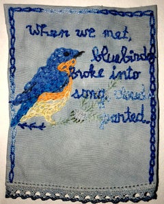 Blue birds - narrative embroidered fabric with bird and love poetry