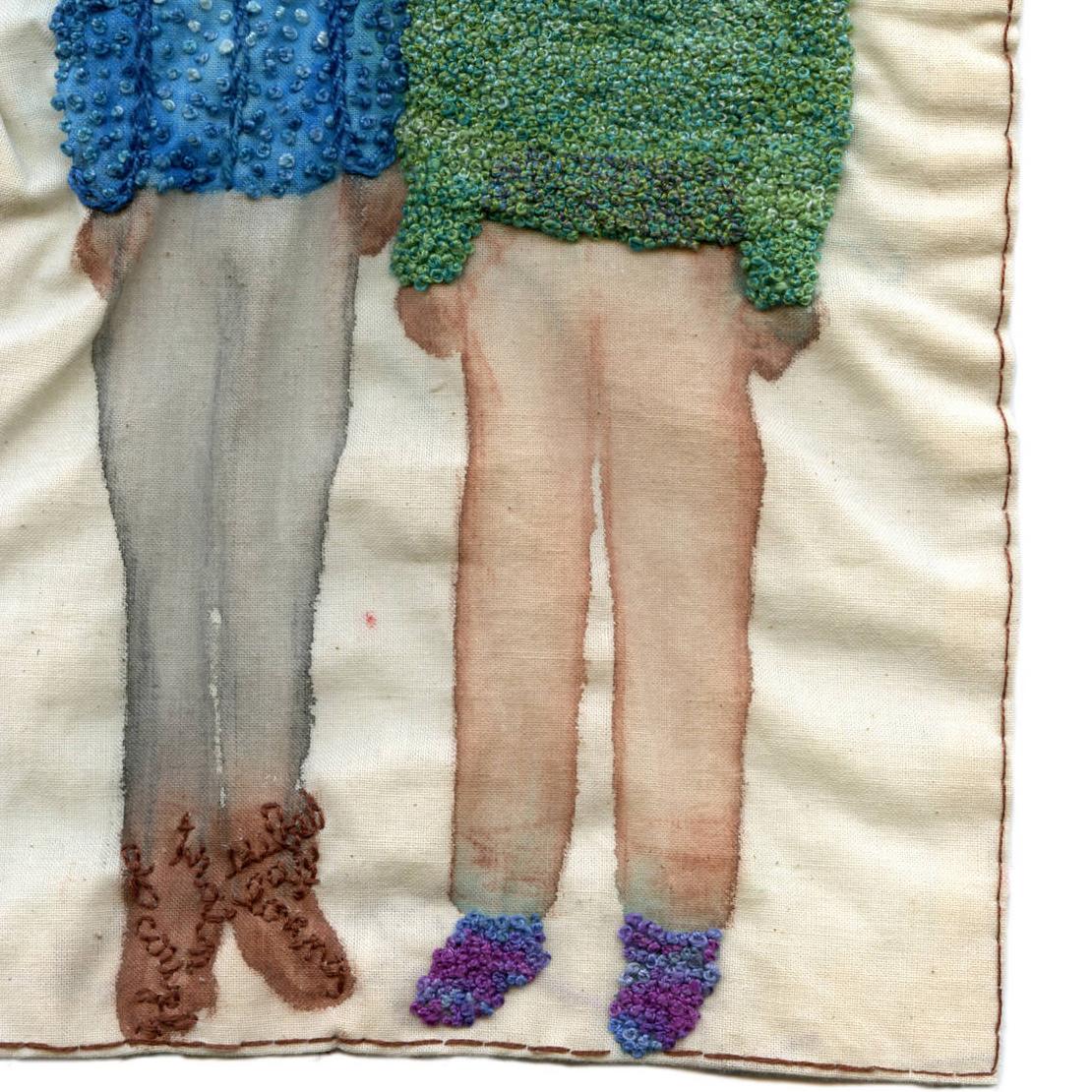 F Train Couple- narrative representational embroidery on fabric 1