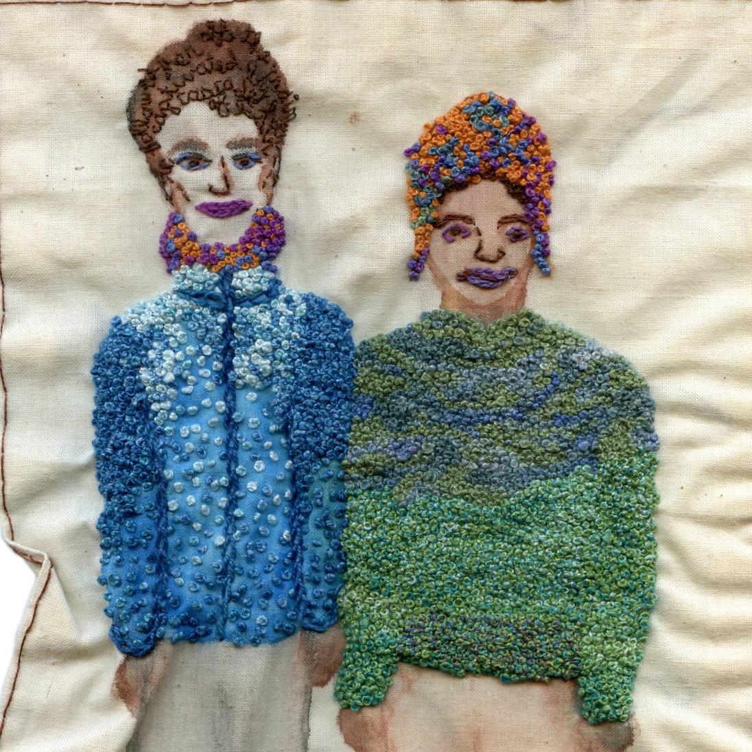 F Train Couple- narrative representational embroidery on fabric 2