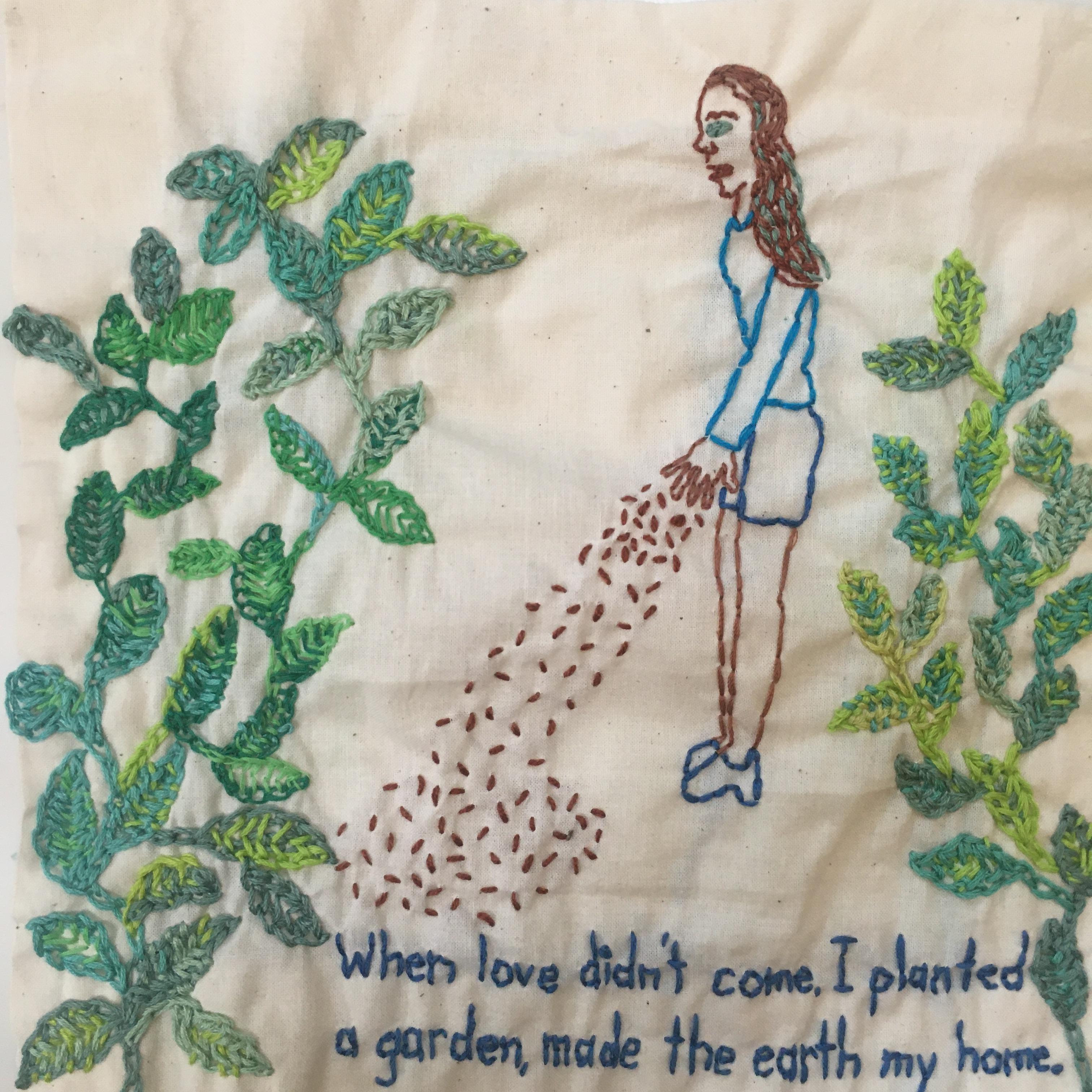 garden - love narrative embroidery on vintage fabric with a woman  - Mixed Media Art by Iviva Olenick