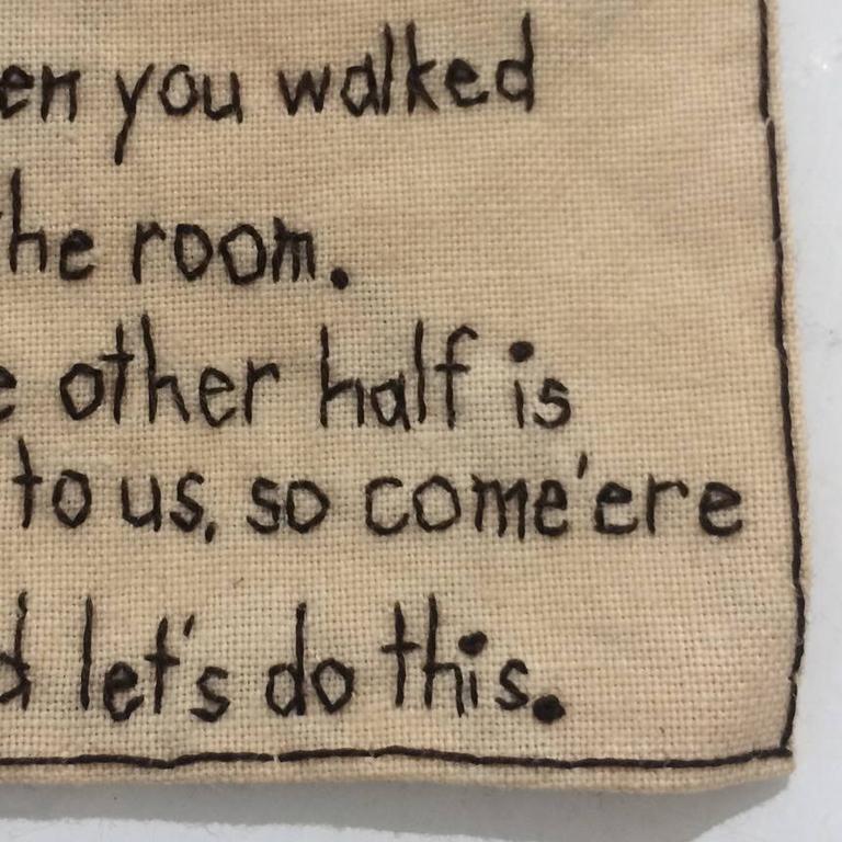 Half in Love- written embroidery on fabric - Contemporary Mixed Media Art by Iviva Olenick