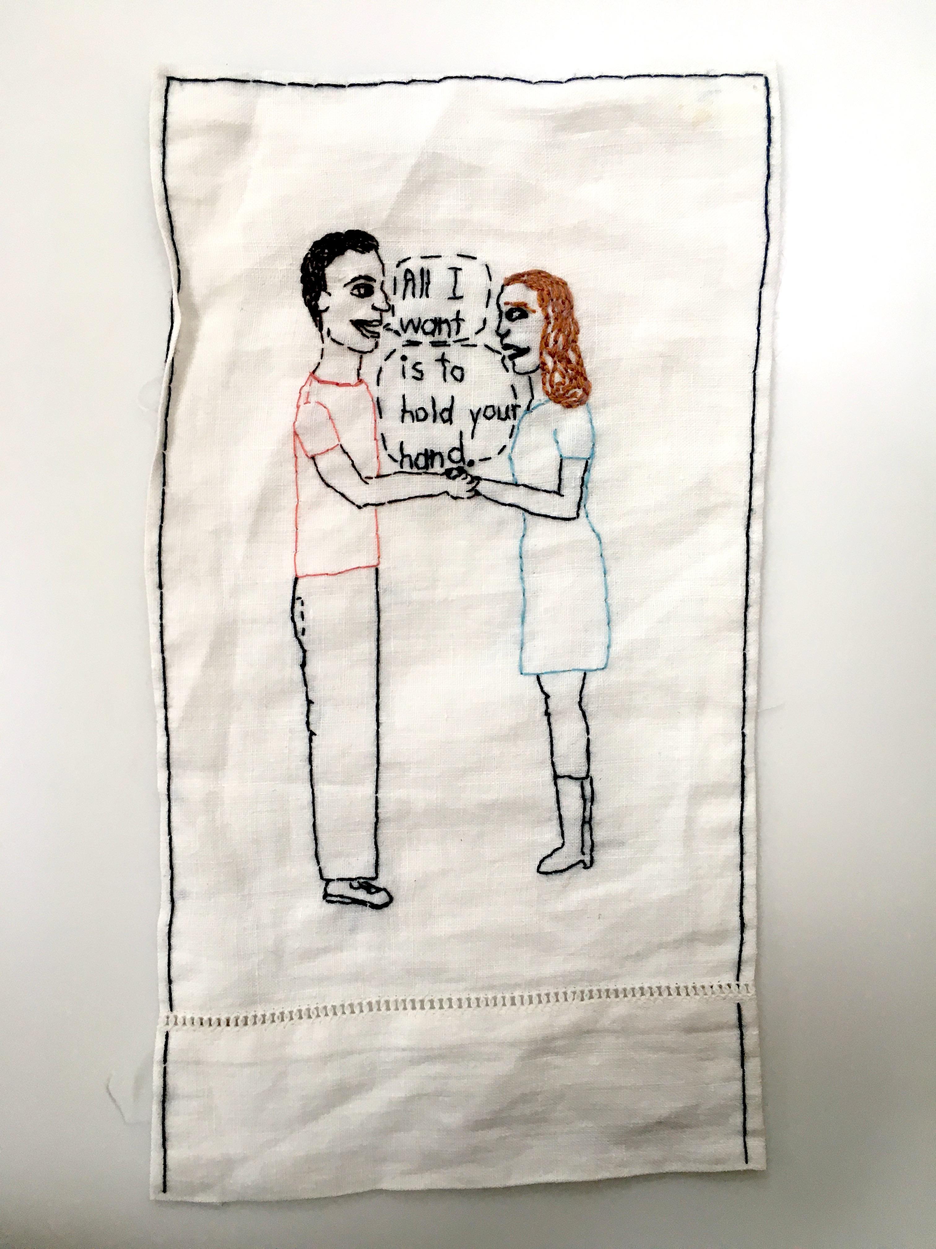 Hold Your Hand - love narrative embroidery with couple on white vintage fabric - Mixed Media Art by Iviva Olenick