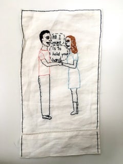 Coge tu mano - bordado narrativo de amor con pareja sobre tela vintage blanca