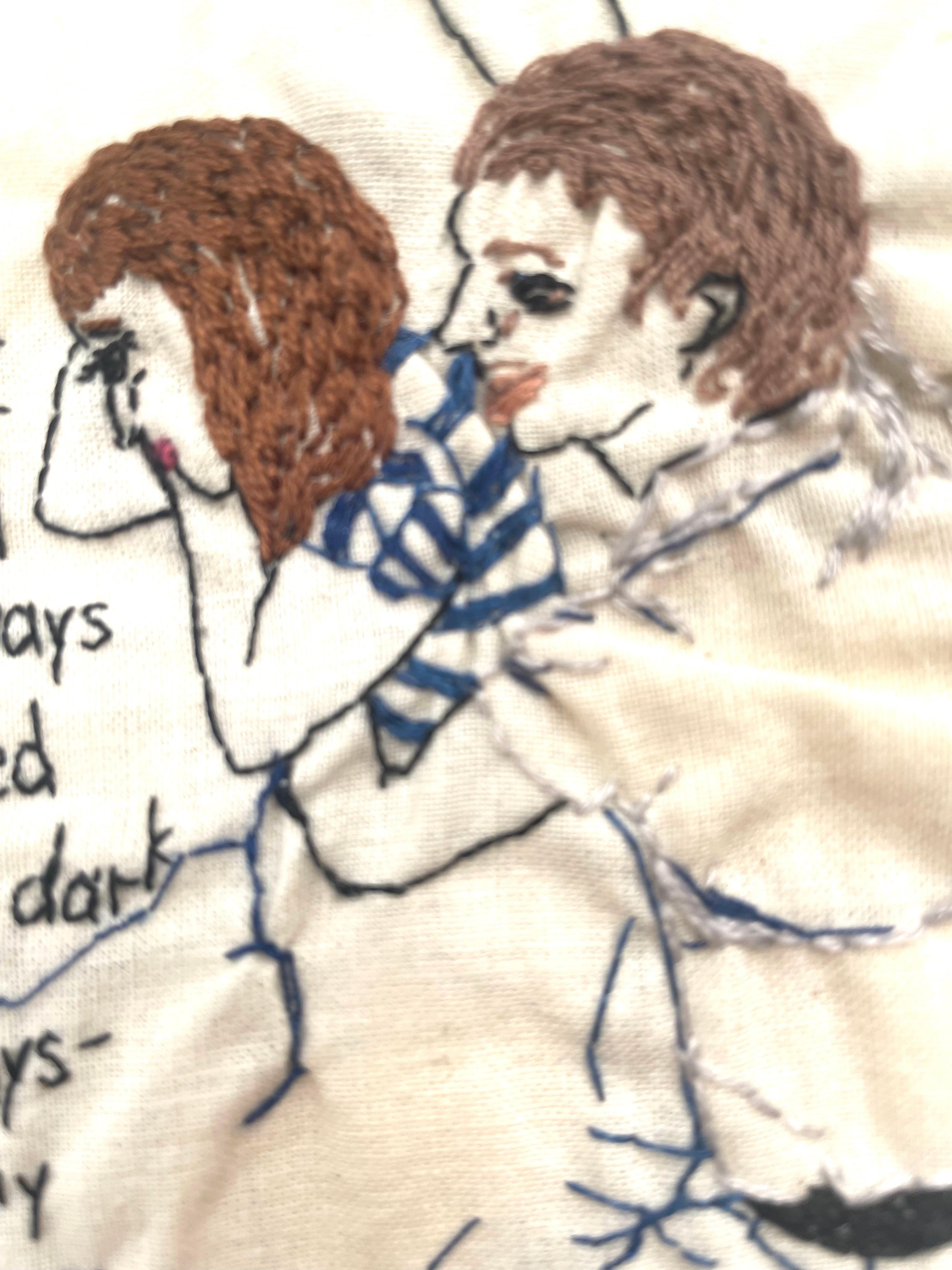 I always liked Jewish guys - narrative love couple  embroidery on fabric - Contemporary Mixed Media Art by Iviva Olenick