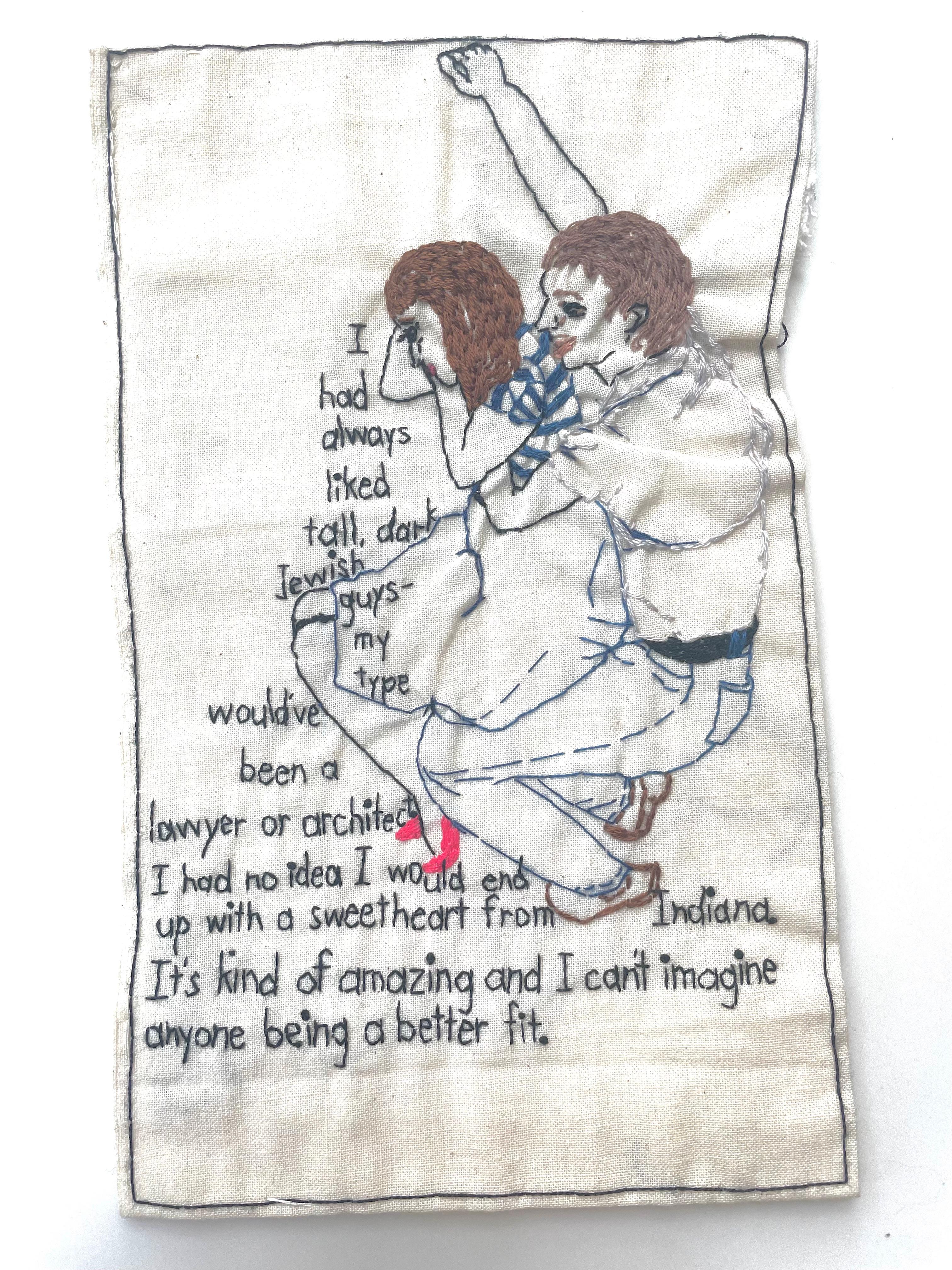 I always liked Jewish guys - narrative love couple  embroidery on fabric - Mixed Media Art by Iviva Olenick