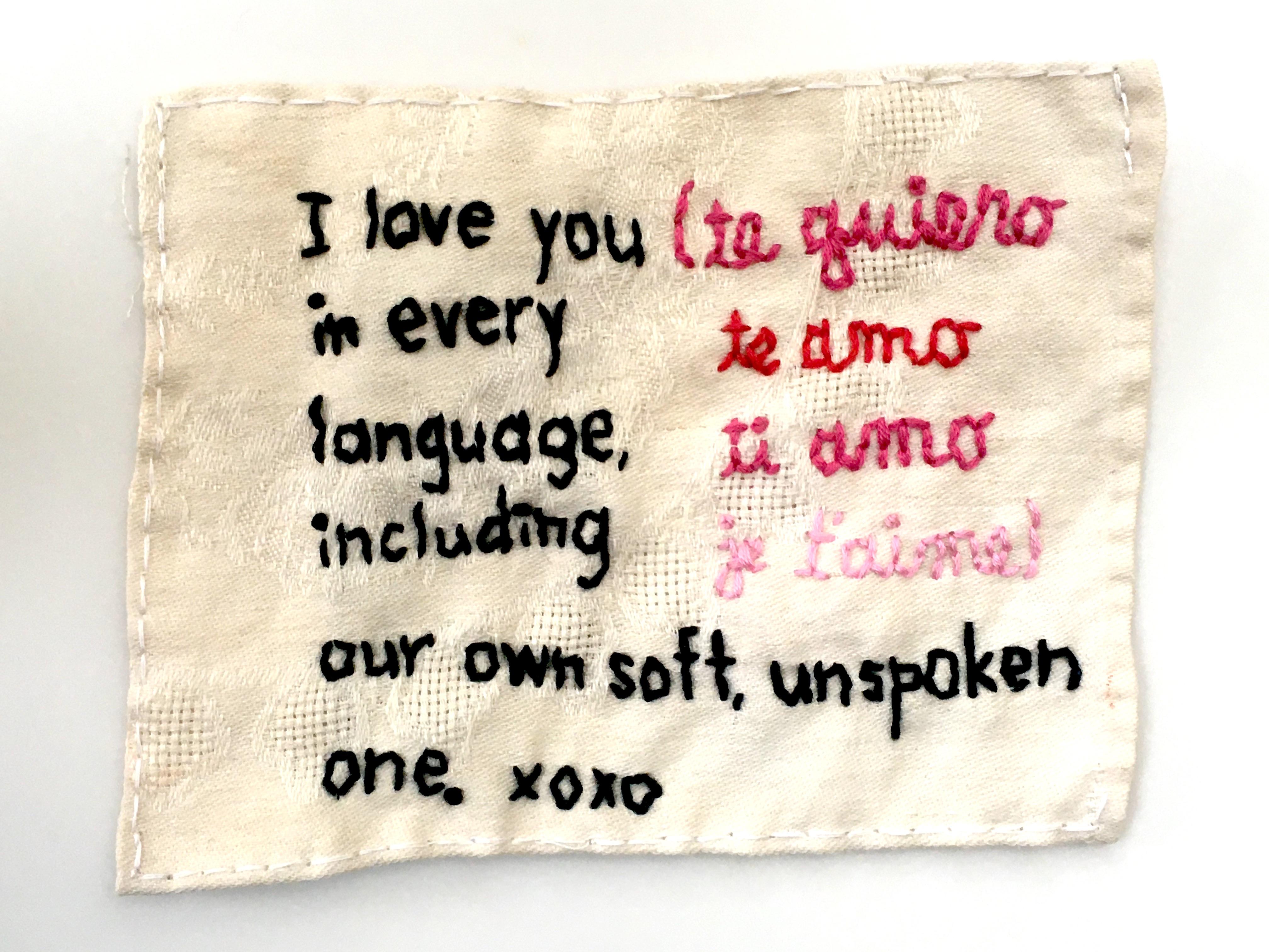 I Love You - love narrative embroidery black and pink on beige vintage fabric - Mixed Media Art by Iviva Olenick
