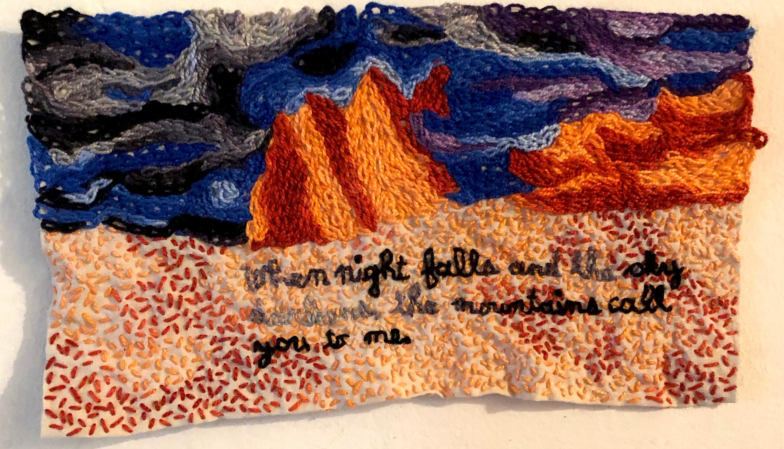 Night Falls - narrative embroidered fabric with landscape, sky and mountains - Mixed Media Art by Iviva Olenick