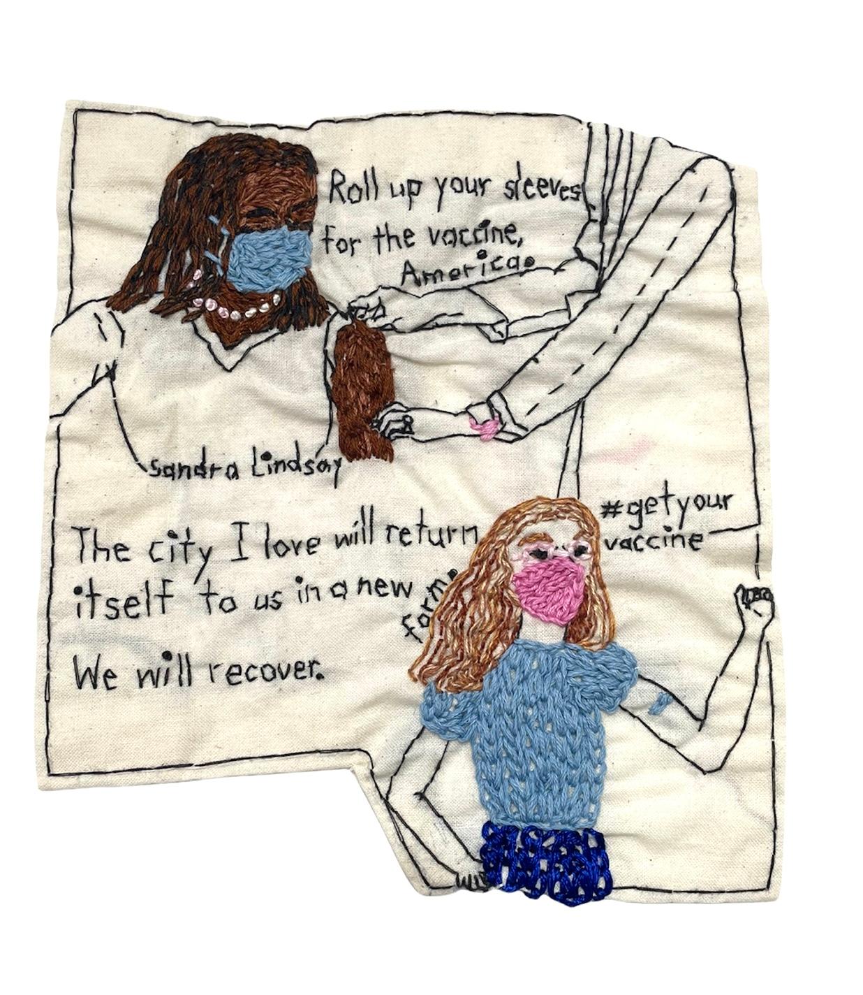 Roll up your sleeves for the vaccine - narrative embroidery on vintage fabric  - Mixed Media Art by Iviva Olenick