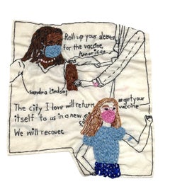 Roll up your sleeves for the vaccine - narrative embroidery on vintage fabric 