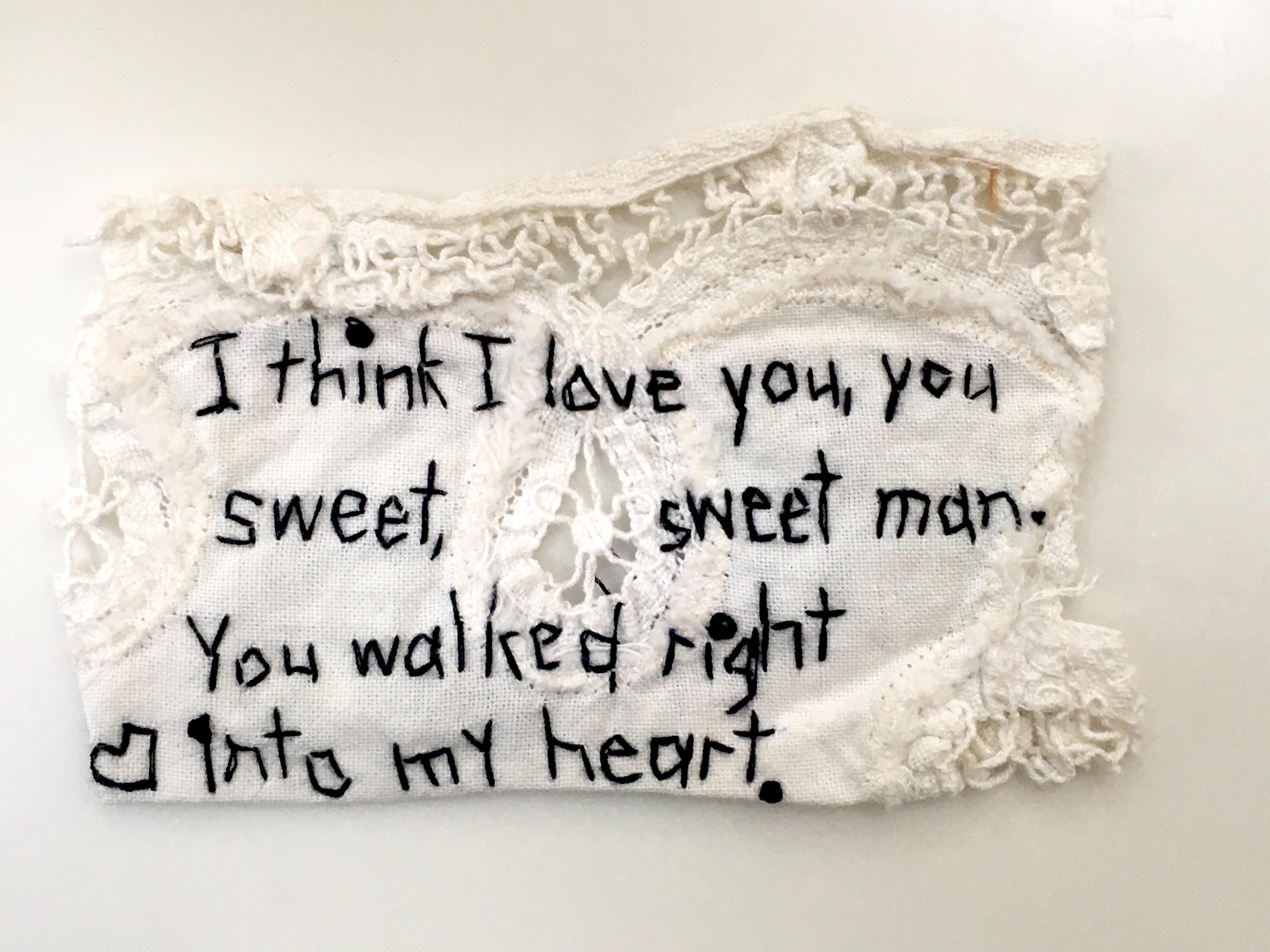Sweet Man - love narrative embroidery black thread on white vintage fabric - Mixed Media Art by Iviva Olenick