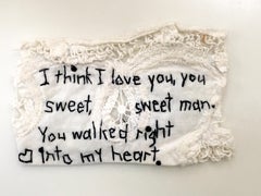 Sweet Man - love narrative embroidery black thread on white vintage fabric