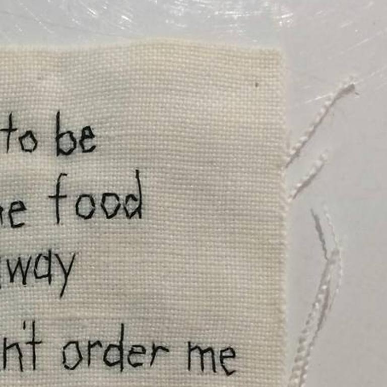 Take Home Food- narrative embroidery on fabric - Contemporary Mixed Media Art by Iviva Olenick
