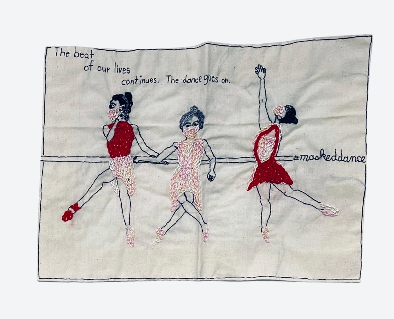 The dance goes on - love narrative embroidery on vintage fabric with ballerinas - Mixed Media Art by Iviva Olenick
