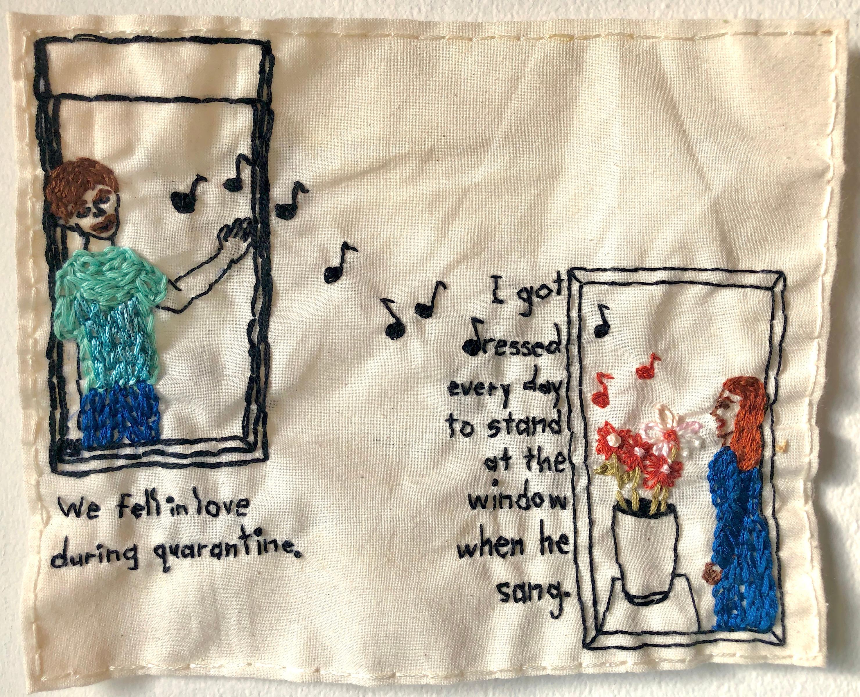 We fell in love during quarantine- love narrative embroidery on vintage fabric - Mixed Media Art by Iviva Olenick