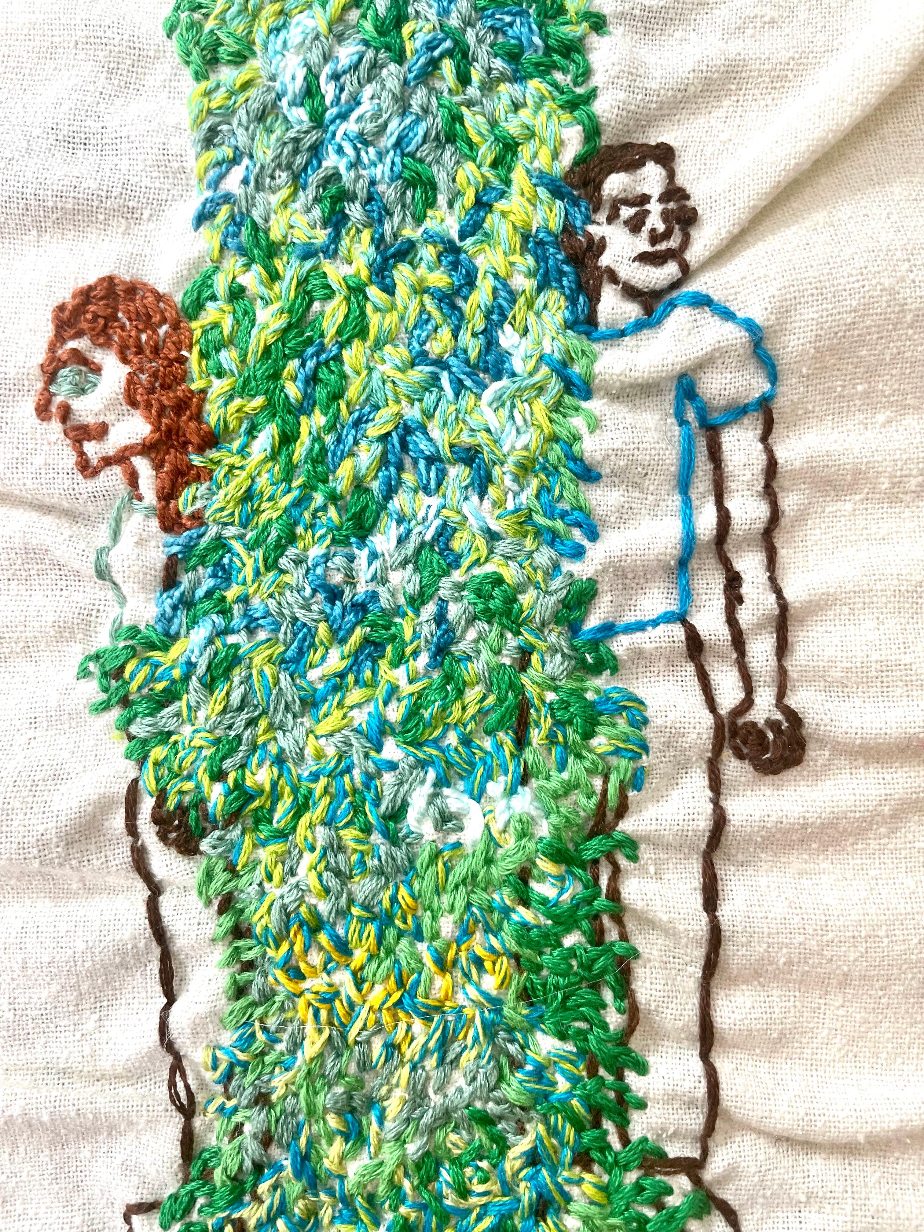 We grew together- narrative embroidered fabric with love couple and a tree - Contemporary Mixed Media Art by Iviva Olenick