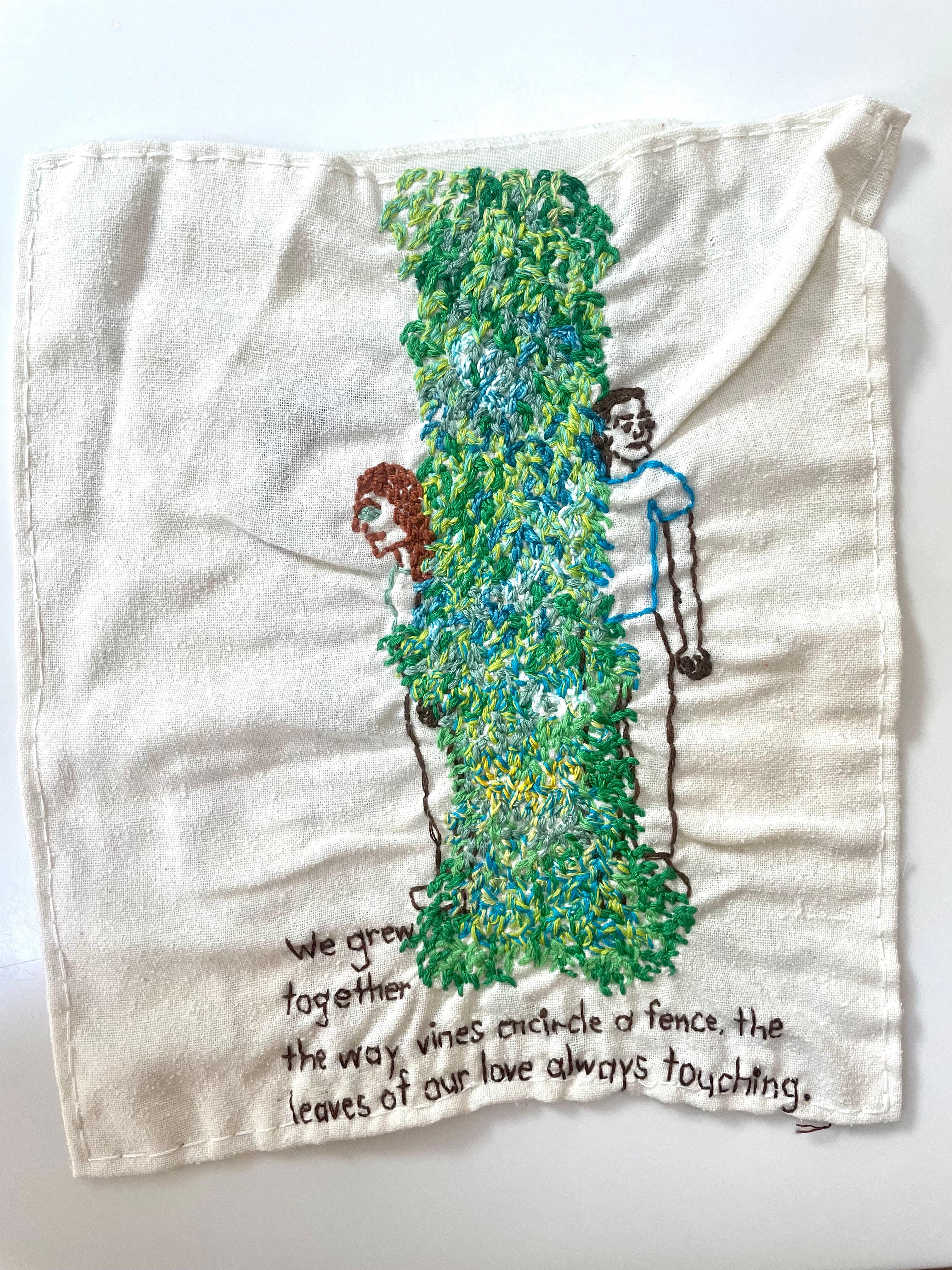 We grew together- narrative embroidered fabric with love couple and a tree - Mixed Media Art by Iviva Olenick