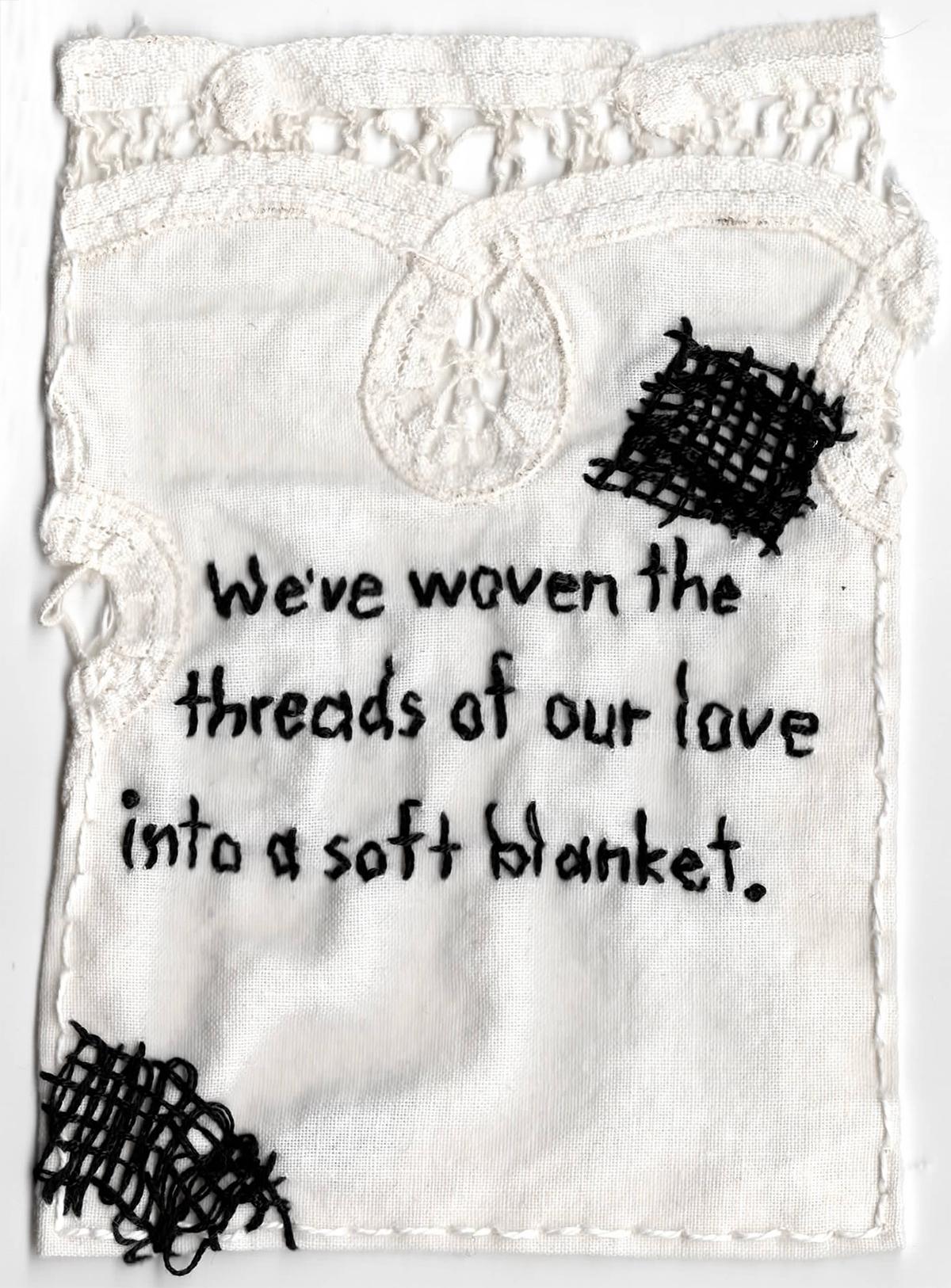 Woven  the threads of our love- love narrative embroidery on fabric - Mixed Media Art by Iviva Olenick