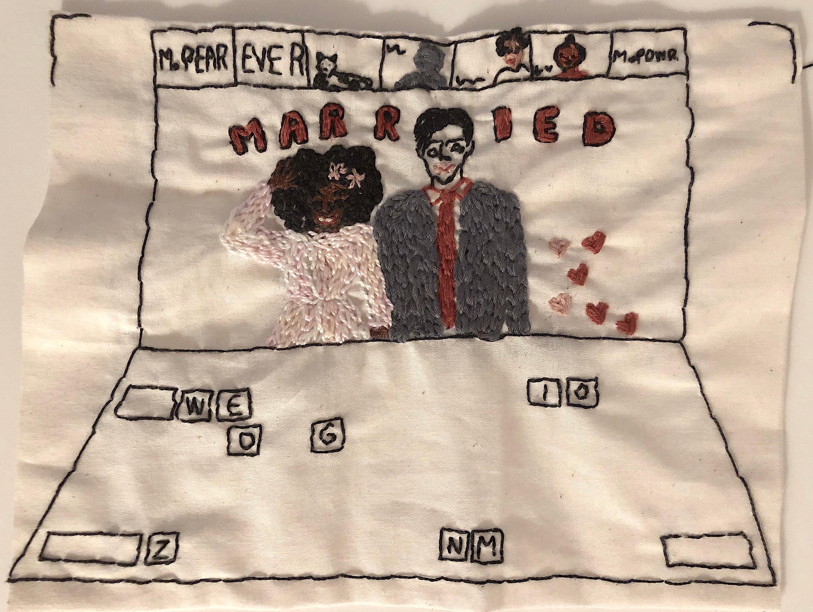 Zoom wedding - love narrative embroidery with mixed couple on vintage fabric - Mixed Media Art by Iviva Olenick