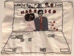 Zoom wedding - love narrative embroidery with mixed couple on vintage fabric