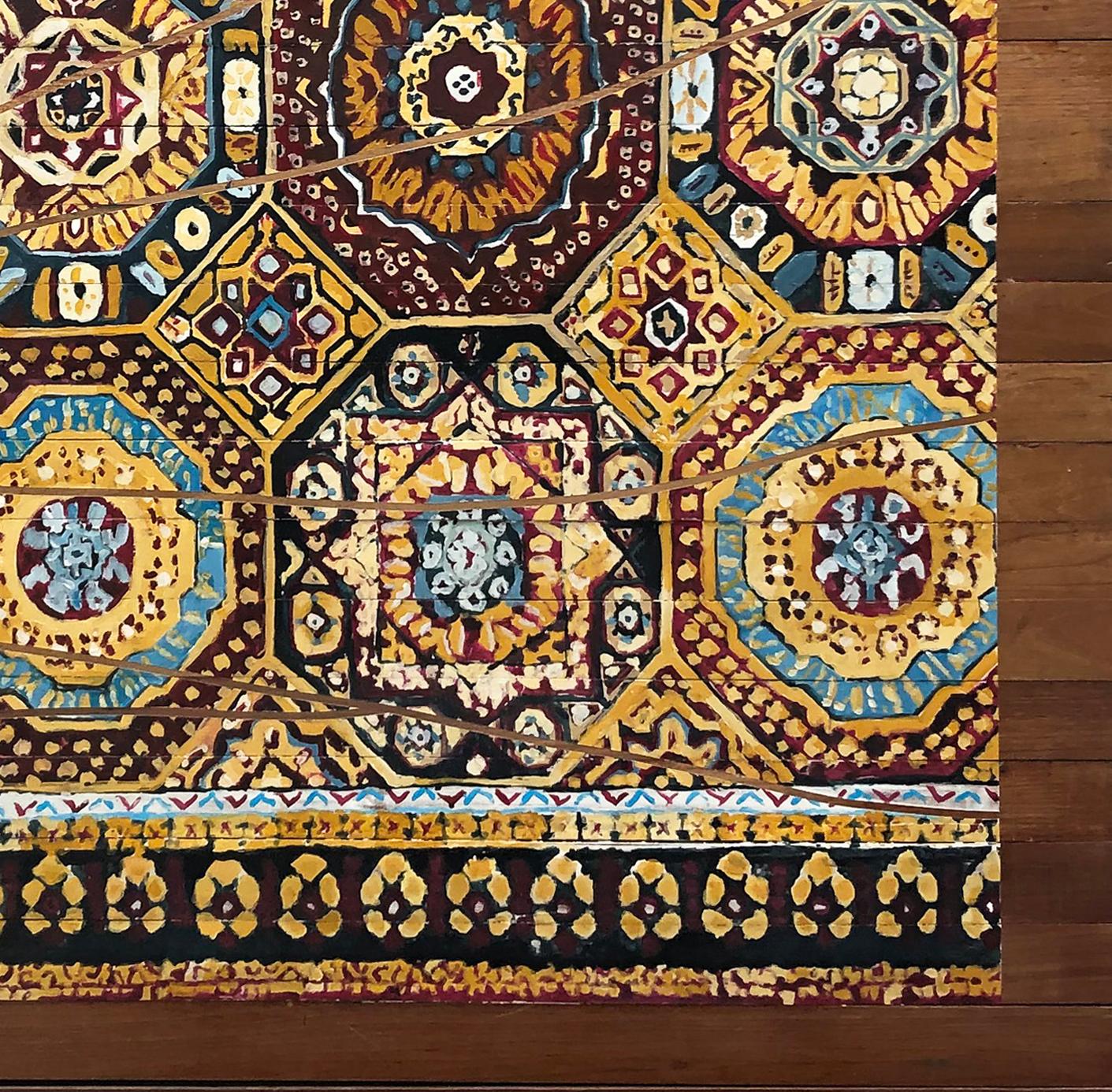 The artist is inspired by the relationships between the past and the present, creating works that function as archaeological finds. His pieces, which include floors and toys, reconstruct a historical material legacy, evoking the elaborate tiles of