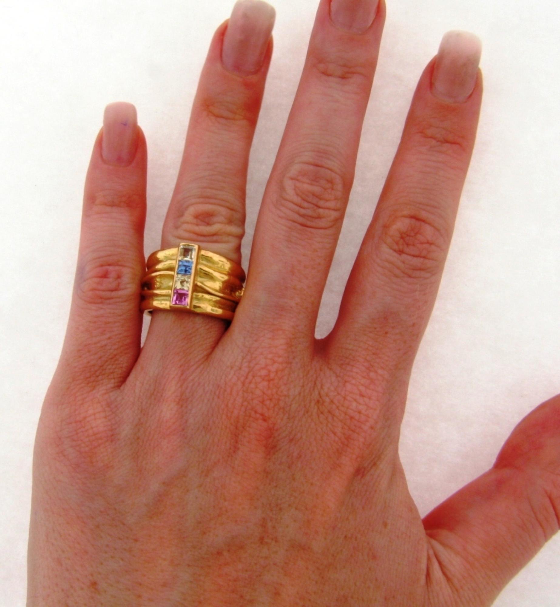 Emerald Cut Ivo Misani Milan Designer Sapphire Diamond 18 Karat Yellow Gold Ring For Sale