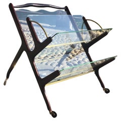 Ivo Parisi Magazine rack  with wheels three compartments Brass wood glass 1950 Itali