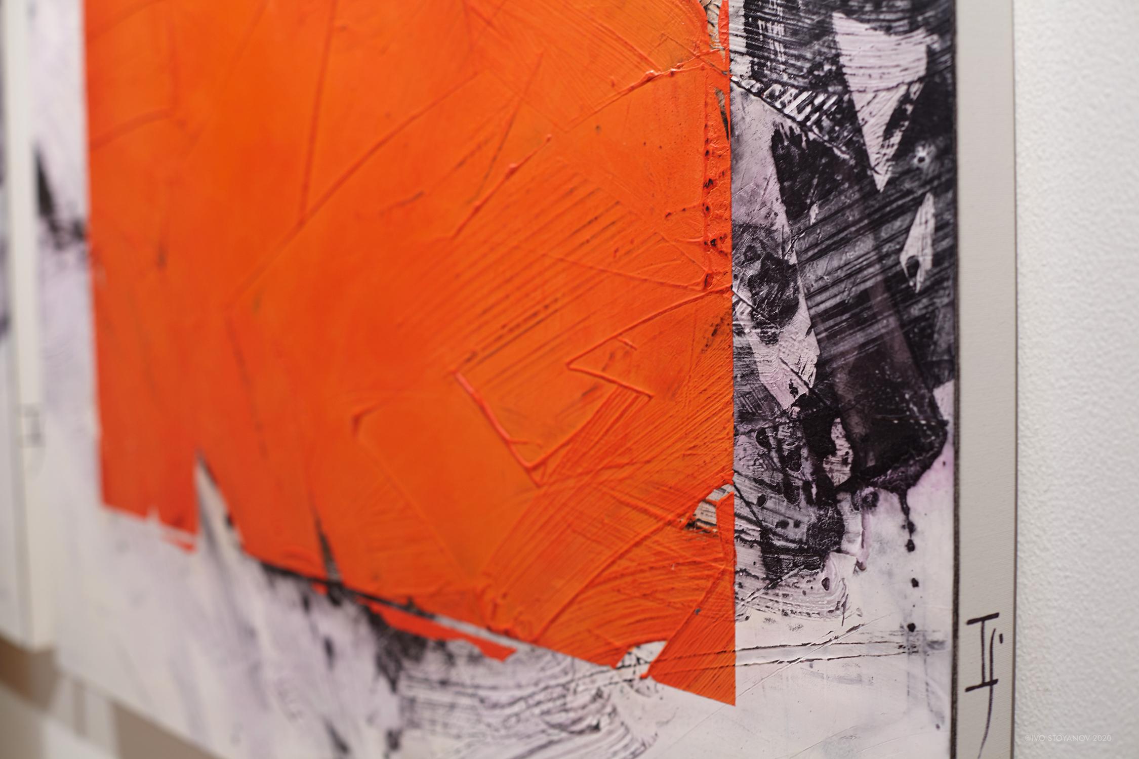 Dark Orange No 41 - bold, abstract shapes, marble dust, acrylic, wax on canvas - Painting by Ivo Stoyanov