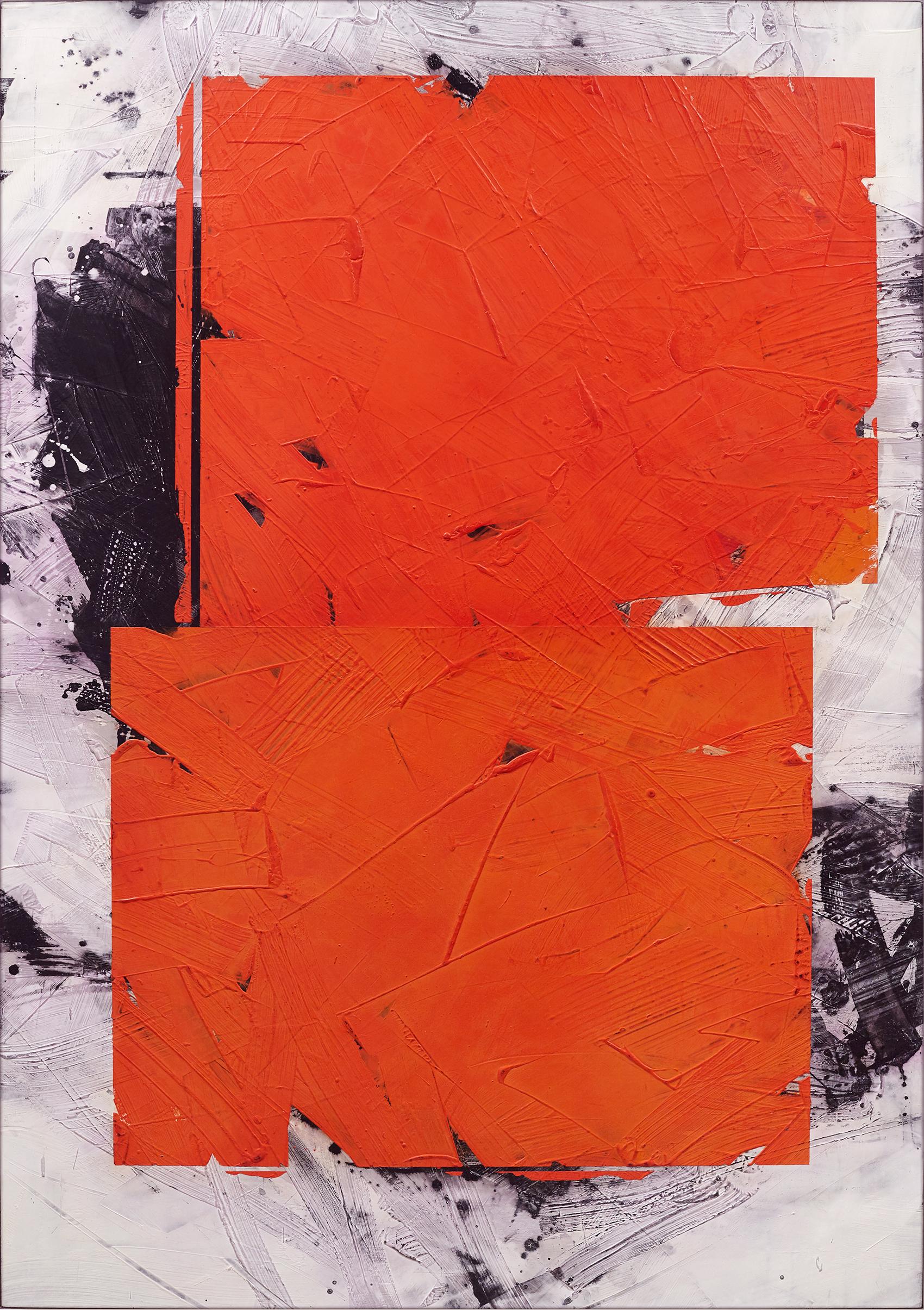Dark Orange No 41 - bold, abstract shapes, marble dust, acrylic, wax on canvas