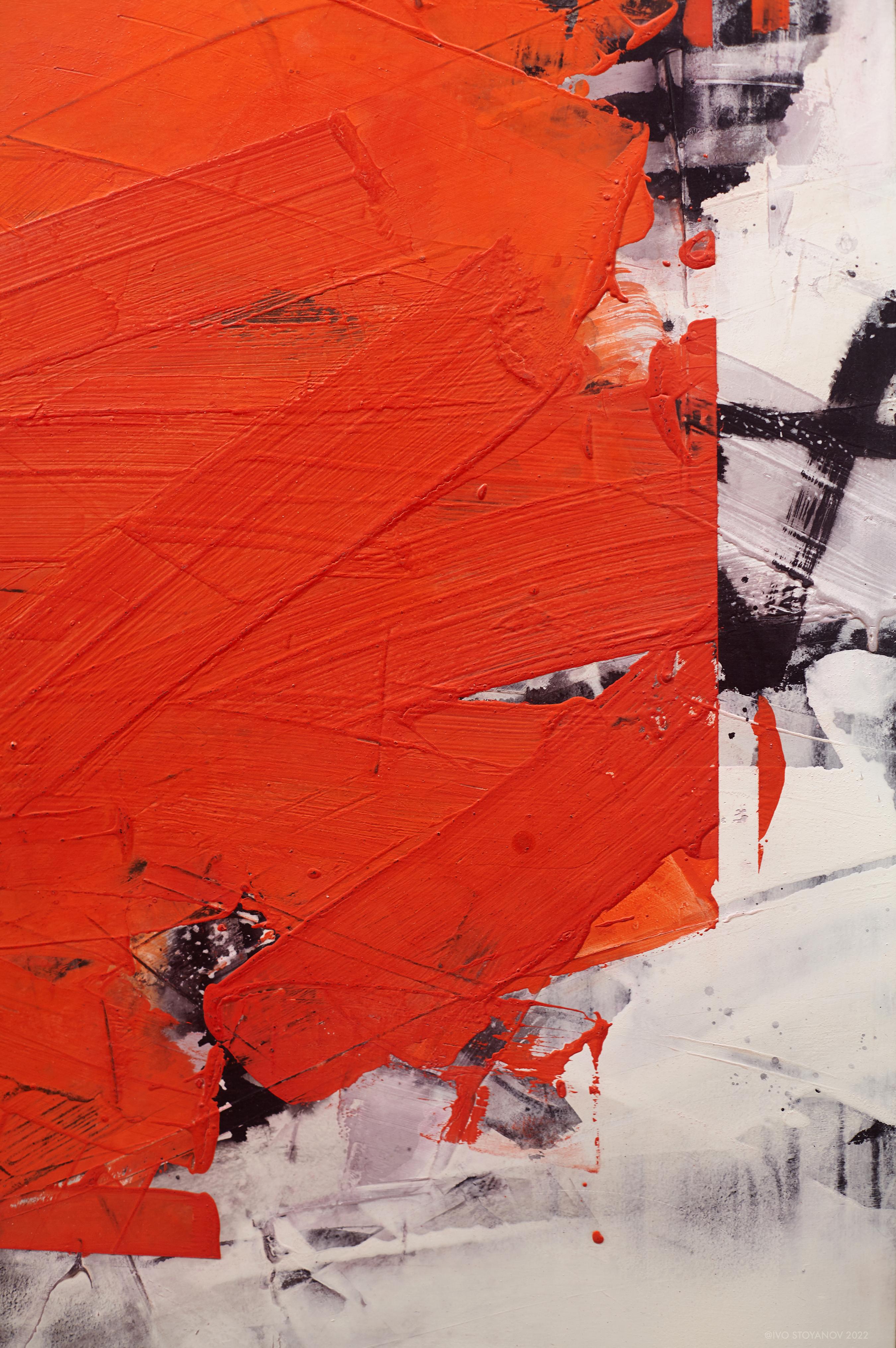 No 44 orange foncé - formes abstraites audacieuses, poussière de marbre, acrylique, cire sur toile en vente 1