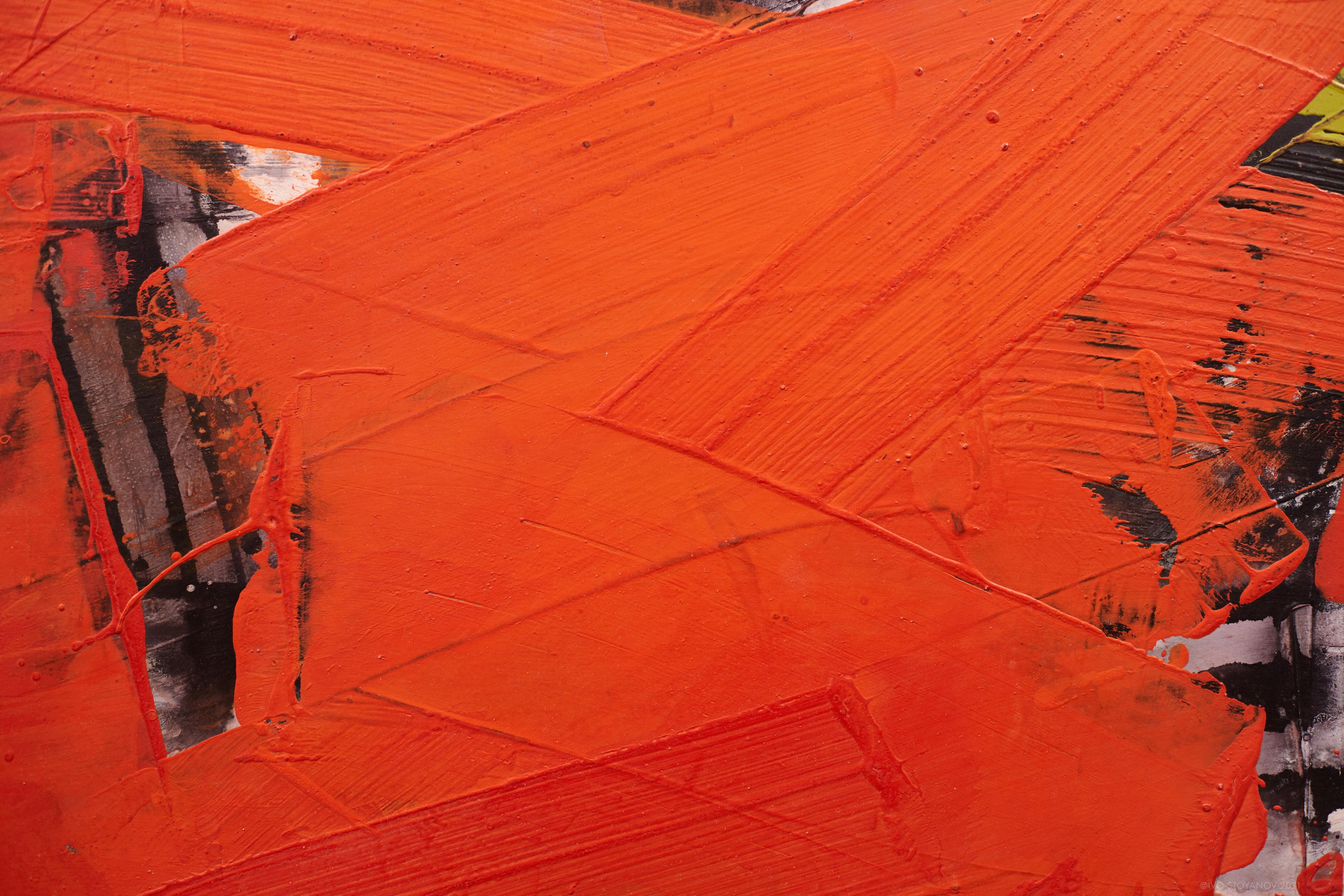 Dark Orange No 44 - bold abstract shapes, marble dust, acrylic, wax on canvas For Sale 1