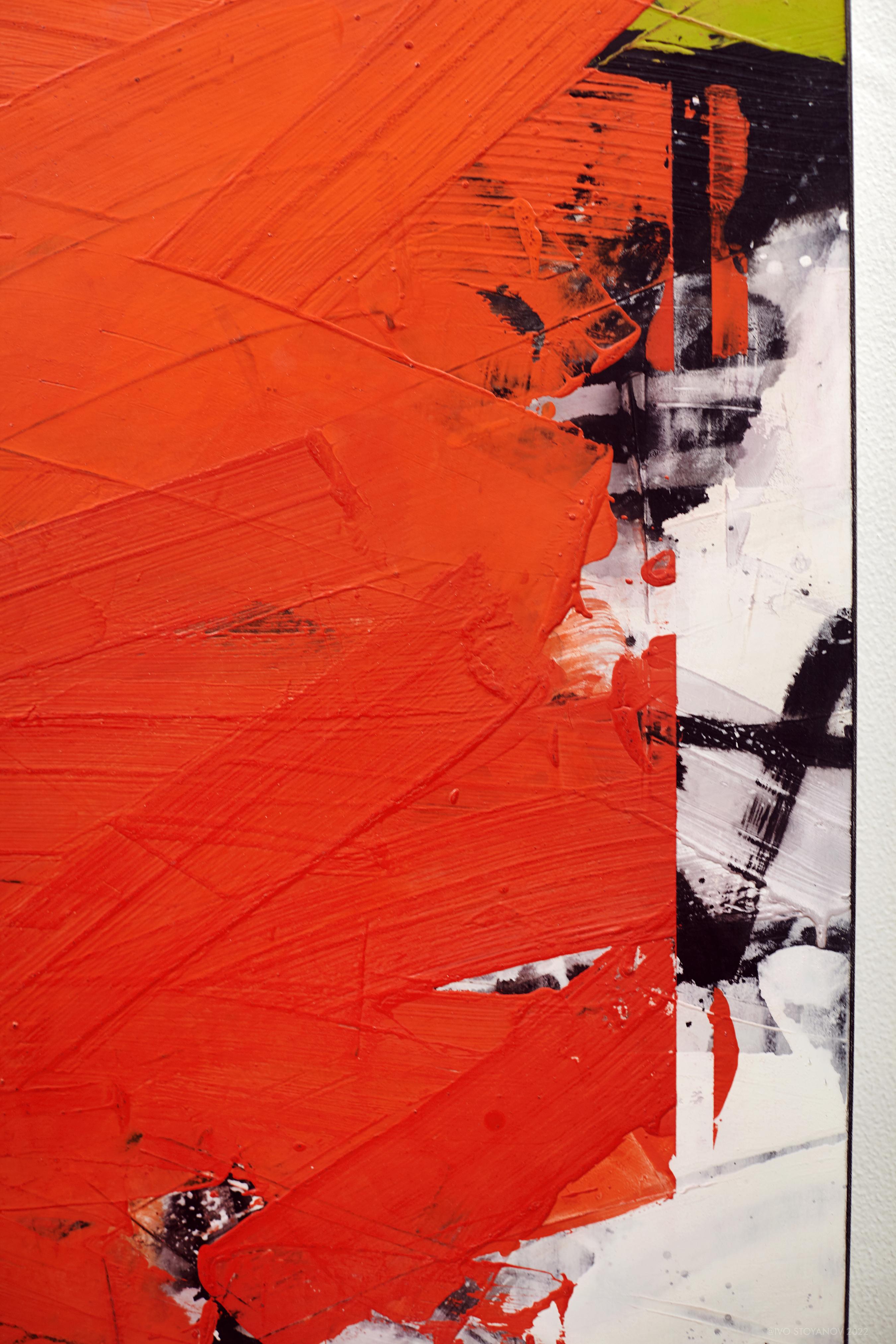 Dark Orange No 44 - bold abstract shapes, marble dust, acrylic, wax on canvas For Sale 2