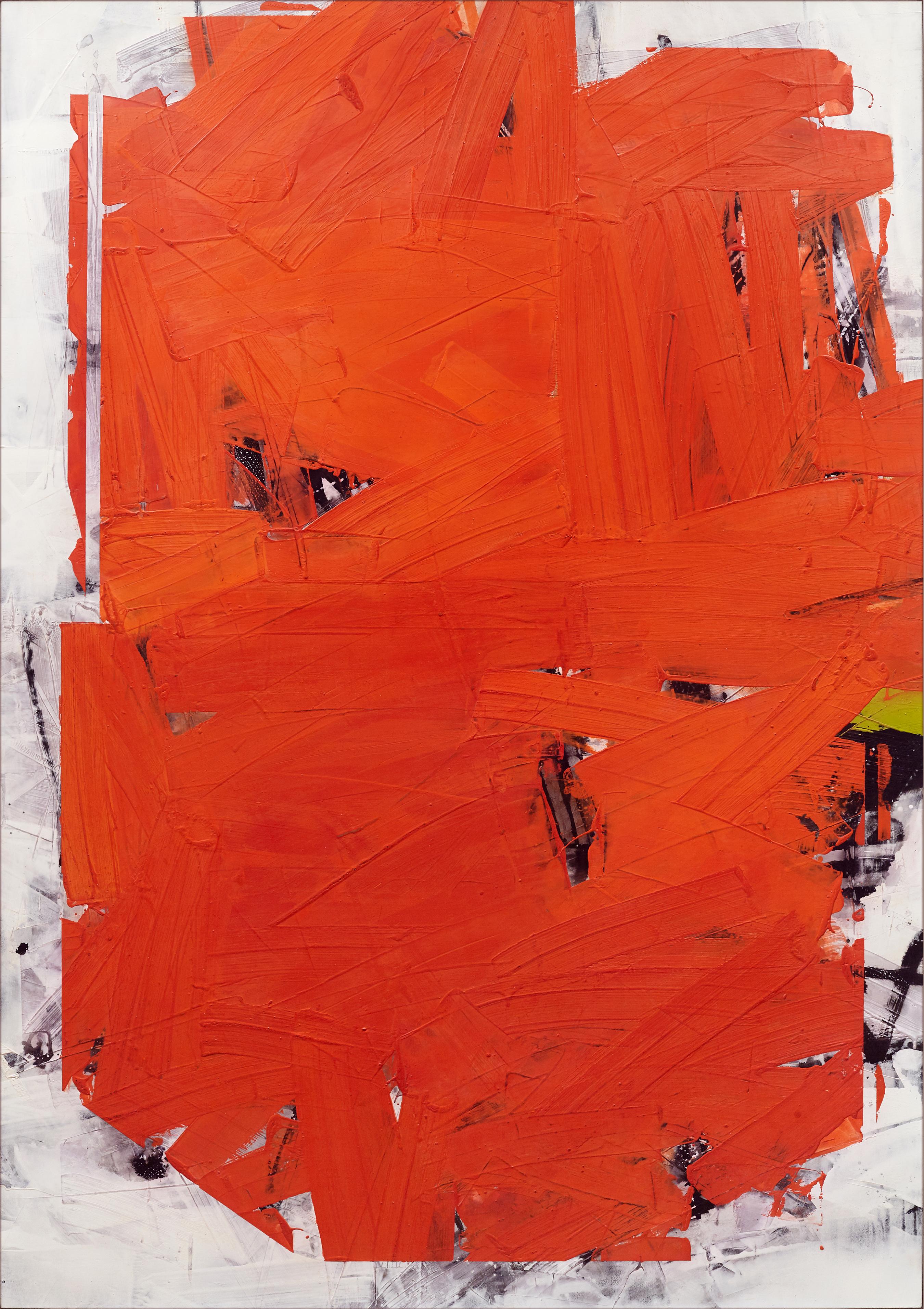No 44 orange foncé - formes abstraites audacieuses, poussière de marbre, acrylique, cire sur toile
