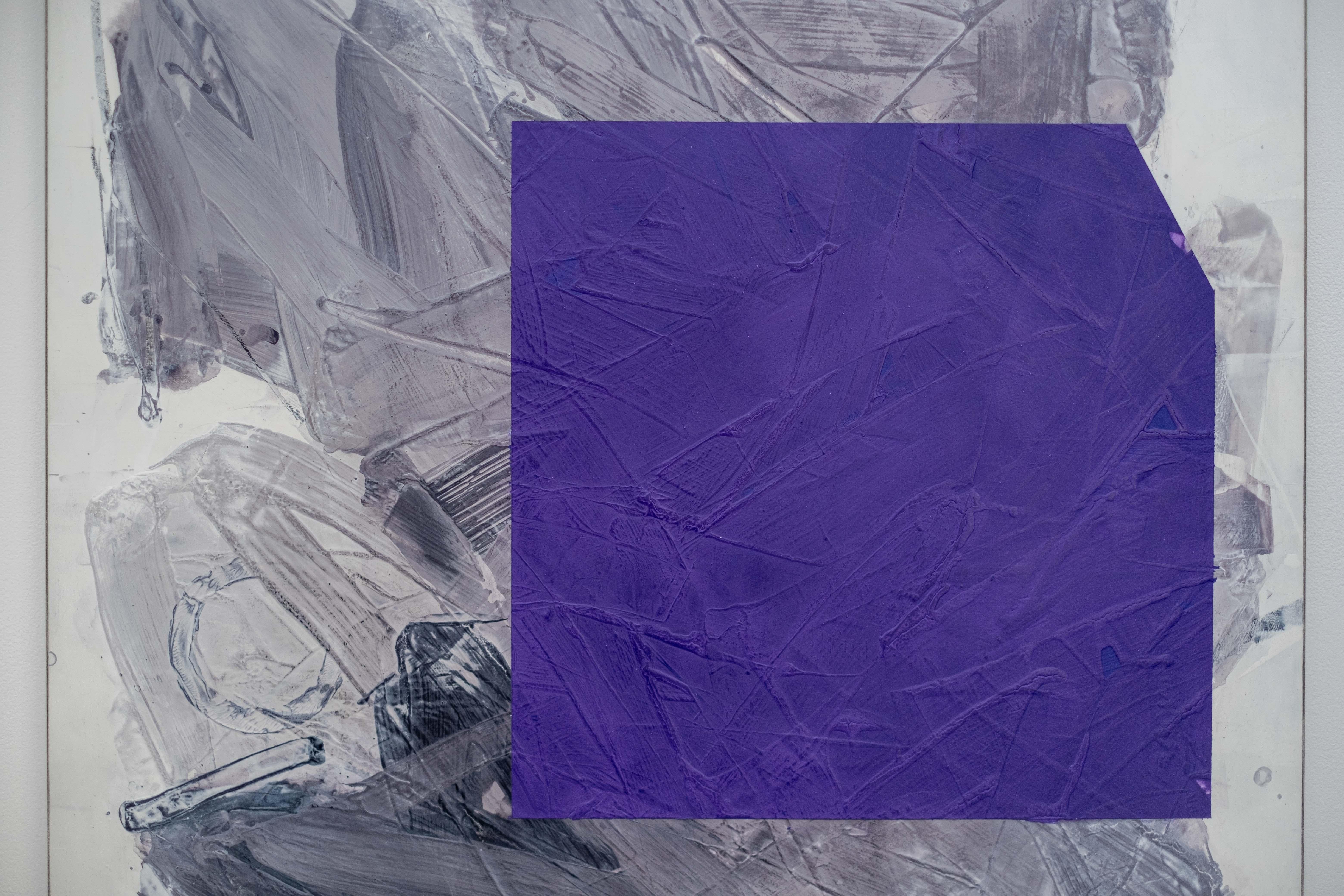 Purple No III - bold, abstract shapes, marble dust, acrylic and wax on canvas - Gray Abstract Painting by Ivo Stoyanov