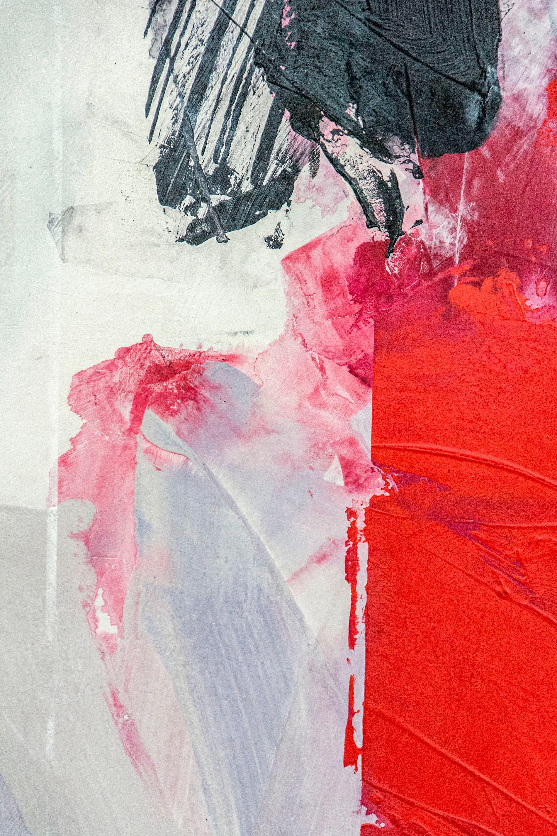 Red #21 - bold, abstract shapes, marble dust, acrylic and wax on canvas - Contemporary Painting by Ivo Stoyanov