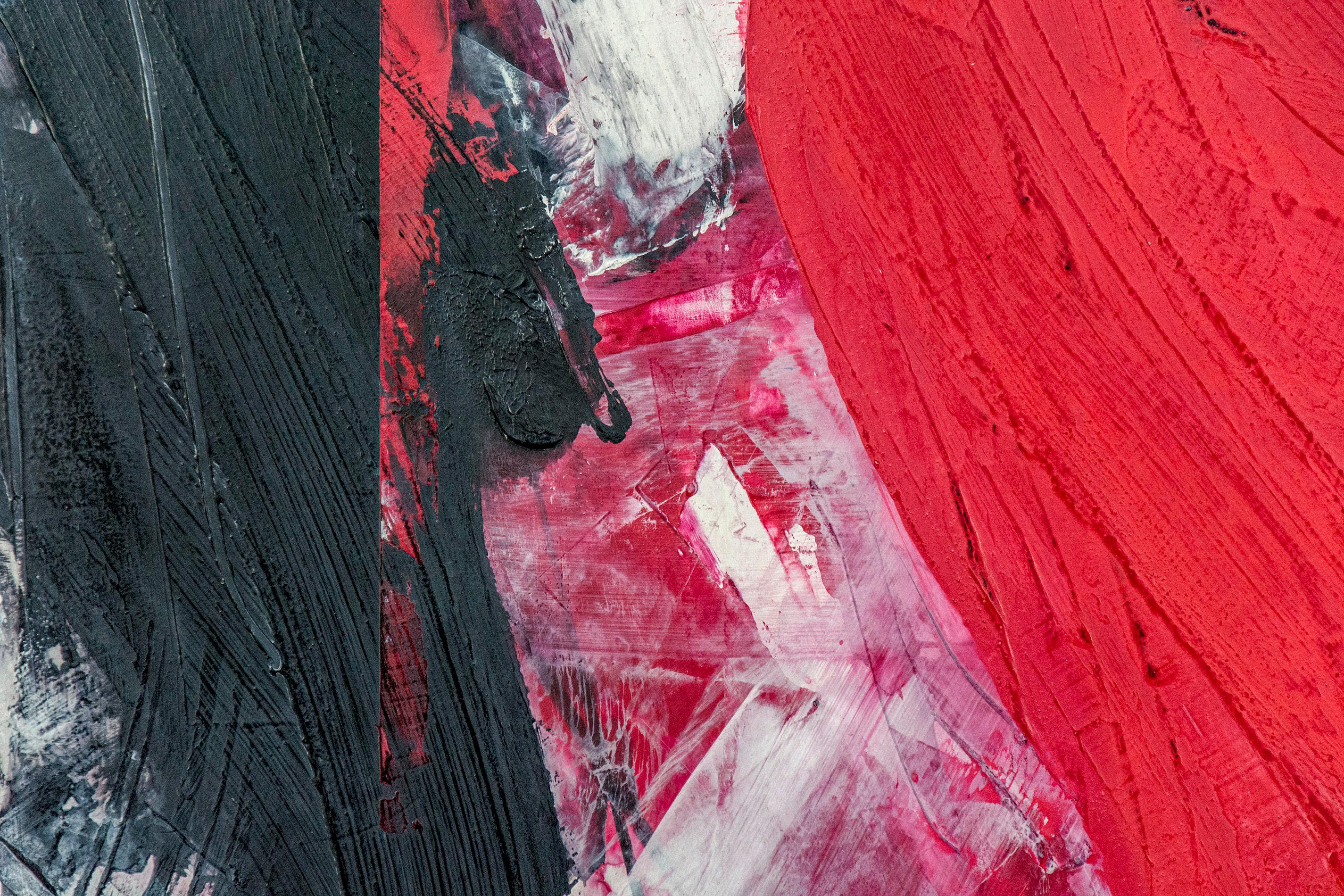 Passages of red and silver in a combination of acrylic paint, marble dust, pigments and wax are balanced by shapes of grey and black in this abstract composition on canvas by Ivo Stoyanov. Stoyanov's paintings have a fresco-like quality, the taut