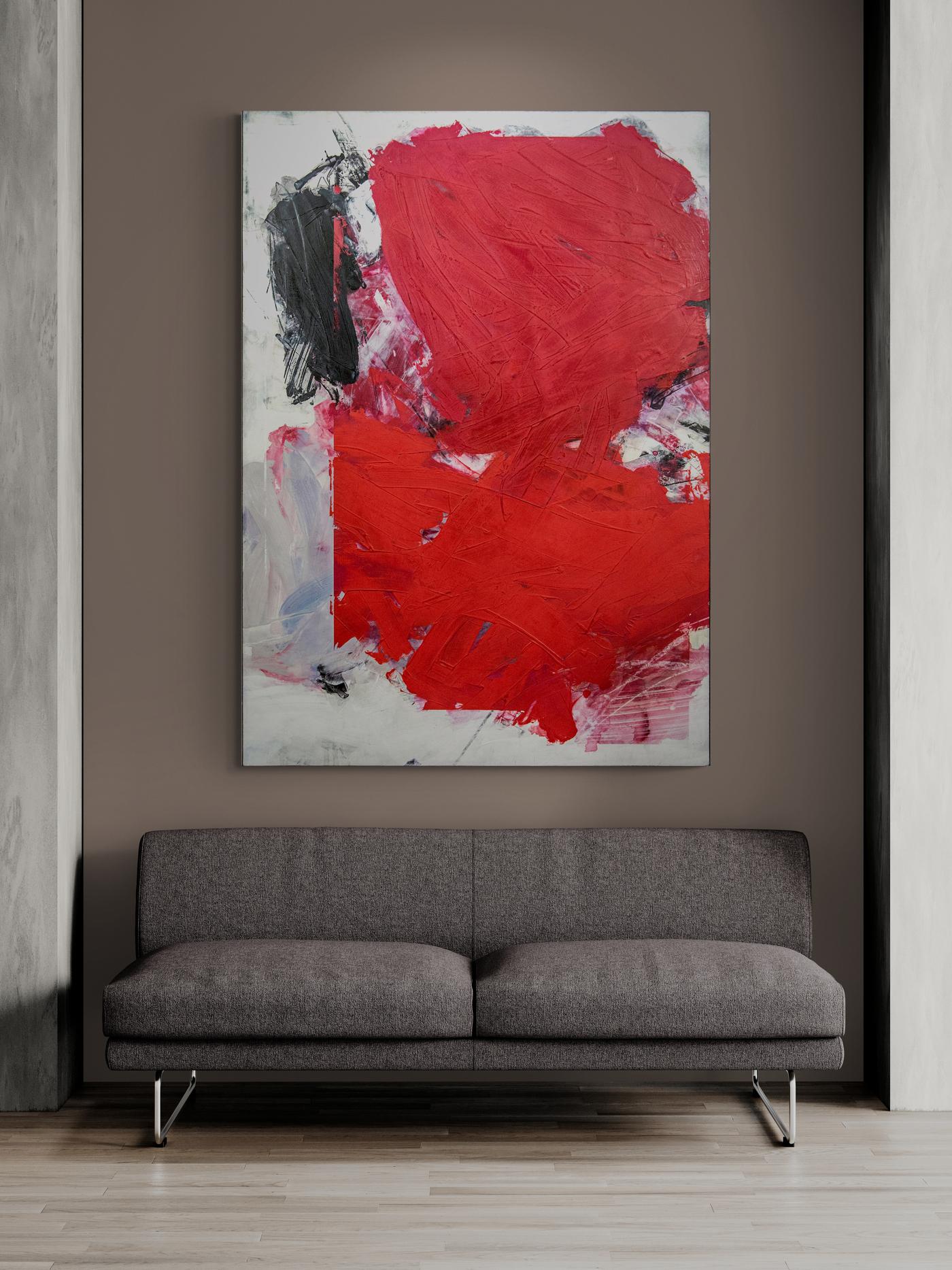 Red #21 - bold, abstract shapes, marble dust, acrylic and wax on canvas For Sale 2