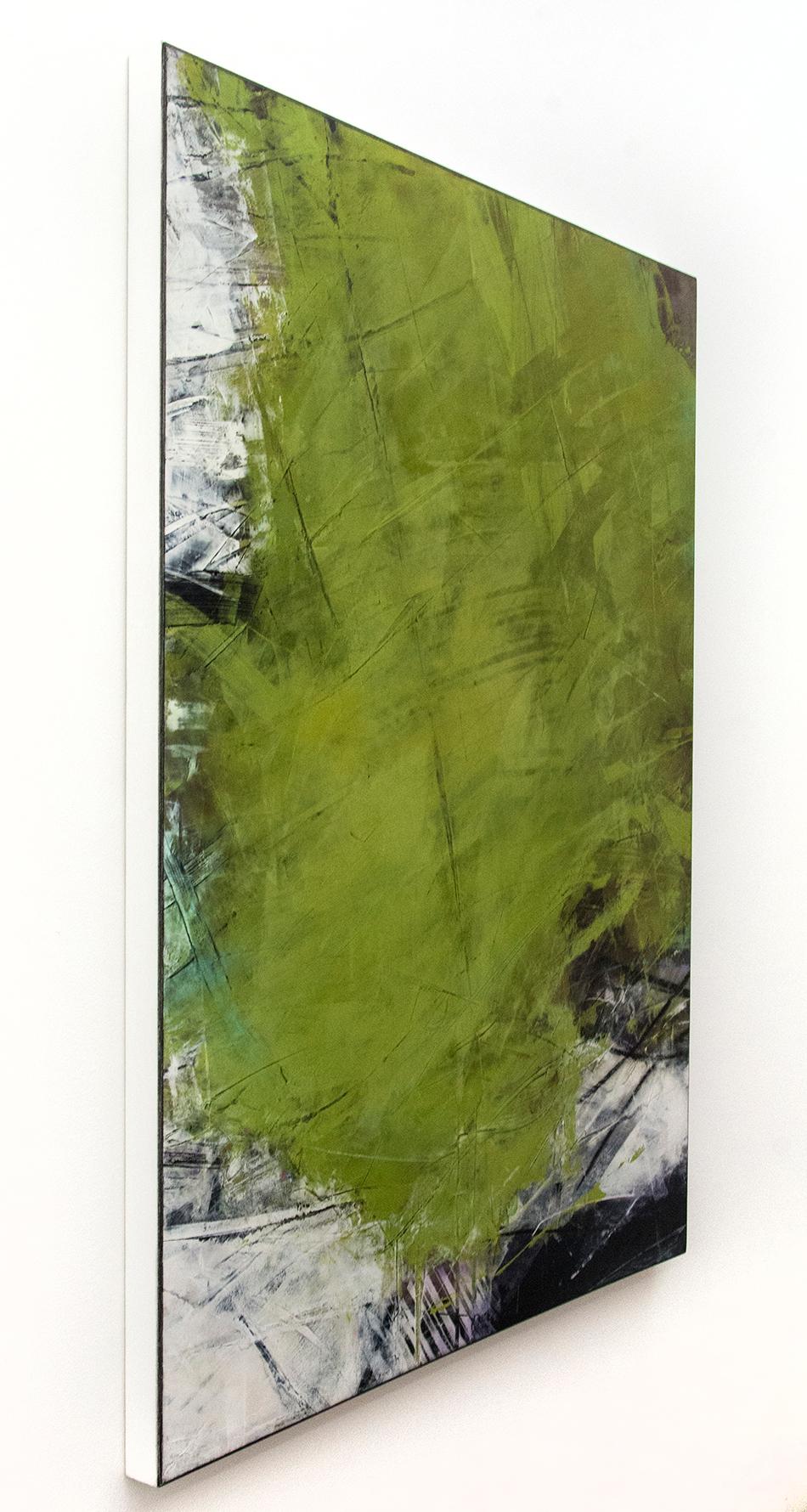 This dynamic abstract composition in spring green, black and white by Ivo Stoyanov is a mixed media work on canvas. Created using crushed marble, pigments and wax, the painting has a smooth rich surface. 

The lush, layered and boldly energetic