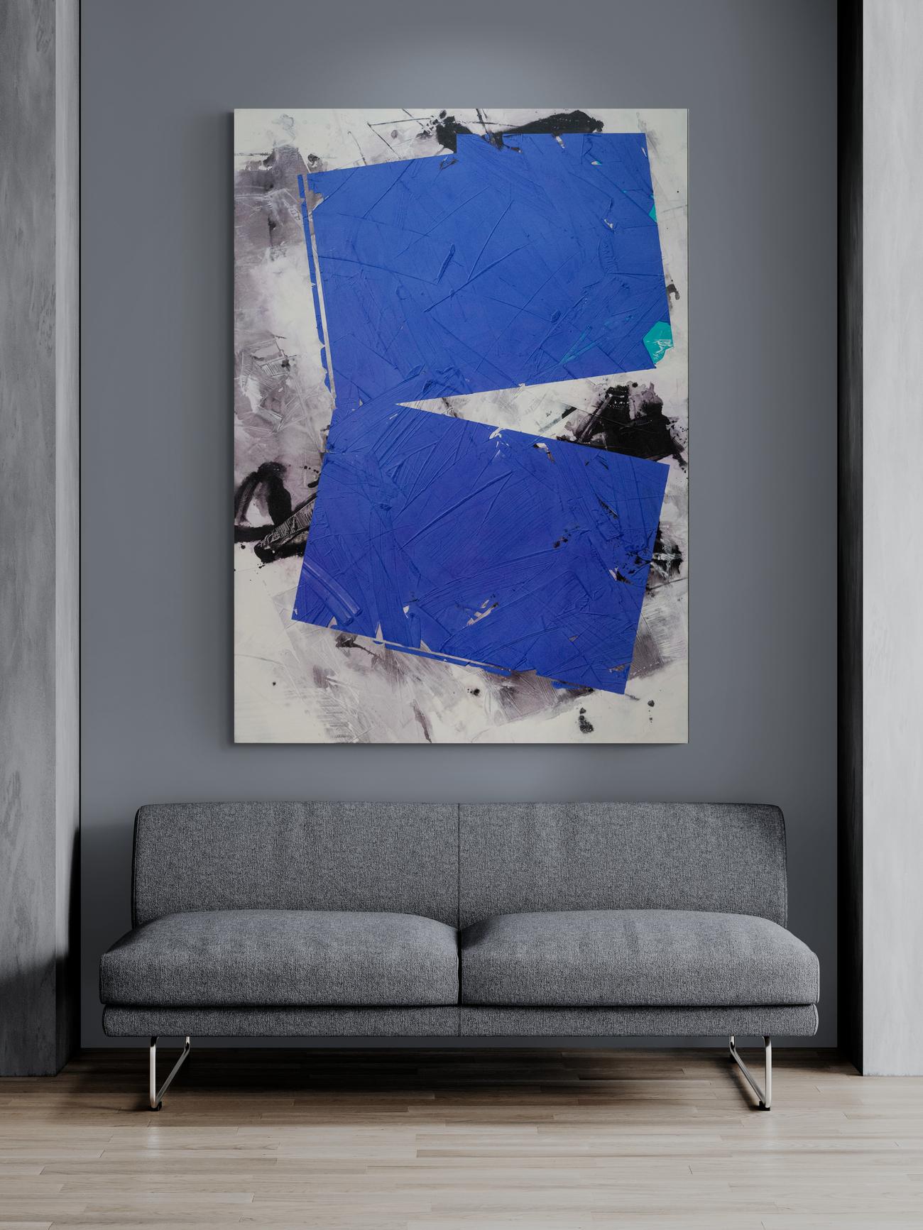 Vivid Blue No 31 - bold, abstract shapes, marble dust, acrylic and wax on canvas For Sale 5