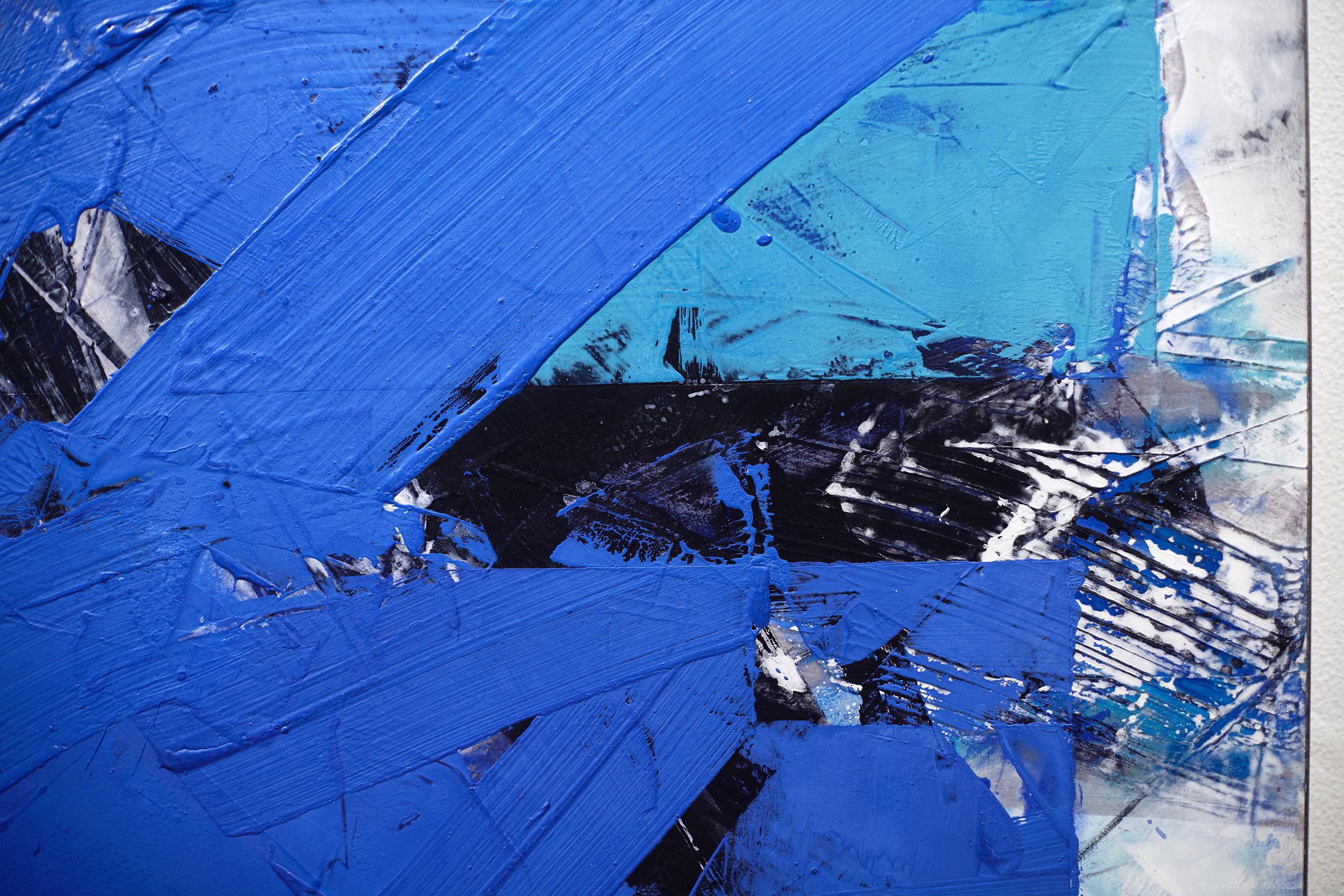 Vivid, deep blue and abstract…this compelling acrylic and mixed media piece by Ivo Stoyanov illustrates his masterful use of expressive form, colour and texture. The Canadian artist is known for creating intensely dynamic paintings inspired by