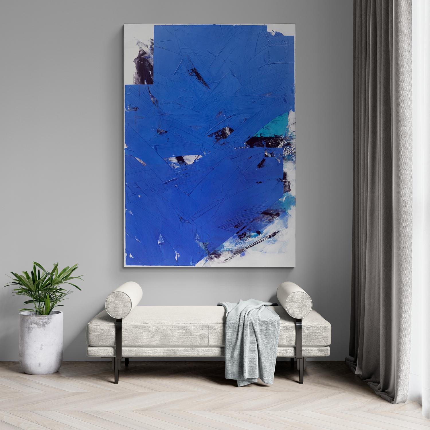 Vivid Blue No 36 - bold, abstract shapes, marble dust, acrylic and wax on canvas For Sale 3
