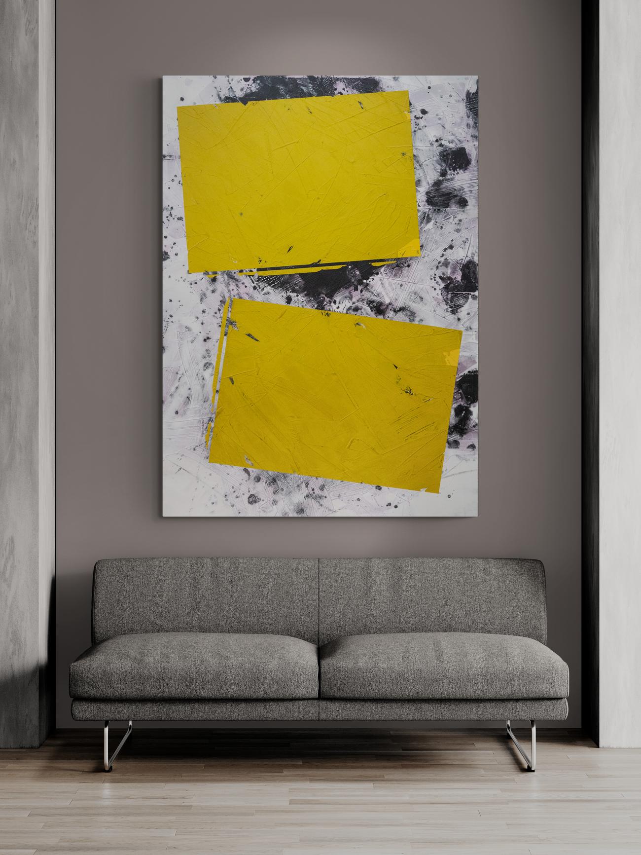 Yellow Green No 9 - bold, abstract shapes, marble dust, acrylic, wax, on canvas For Sale 2