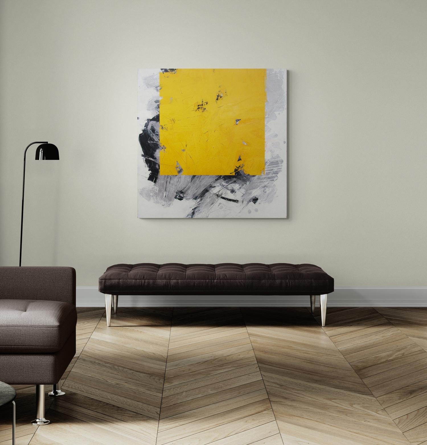 Yellow No 17 - bold, abstract shapes, marble dust, acrylic, wax, on canvas For Sale 2