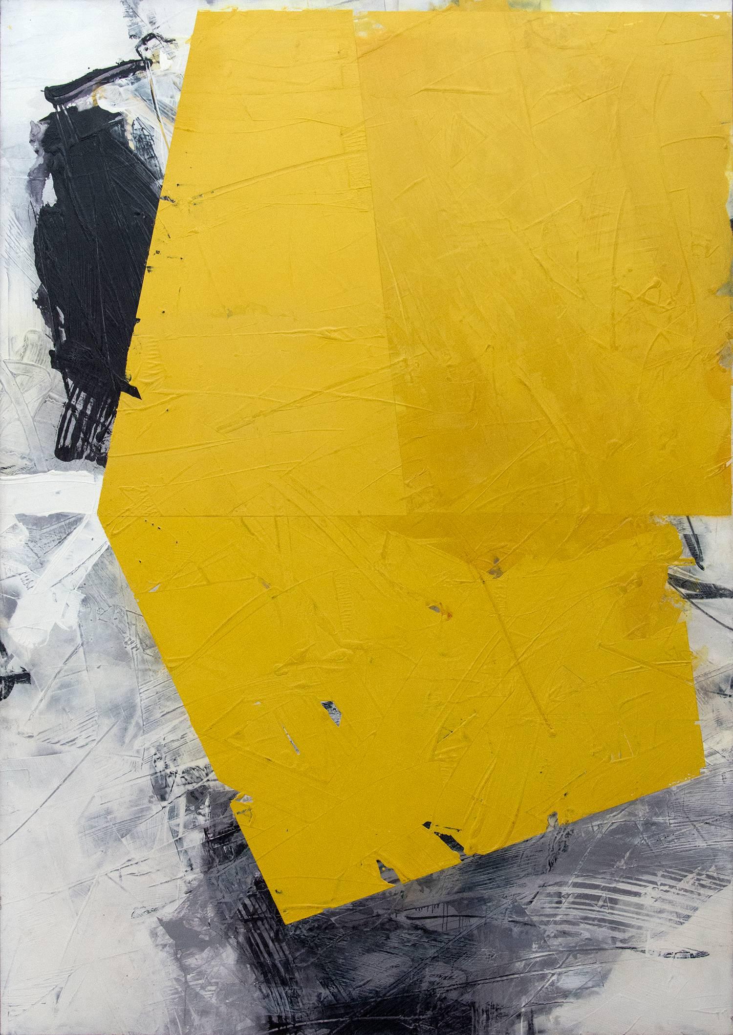 Yellow No 22 - large, bold abstract shapes, marble dust, acrylic, wax, on canvas - Painting by Ivo Stoyanov