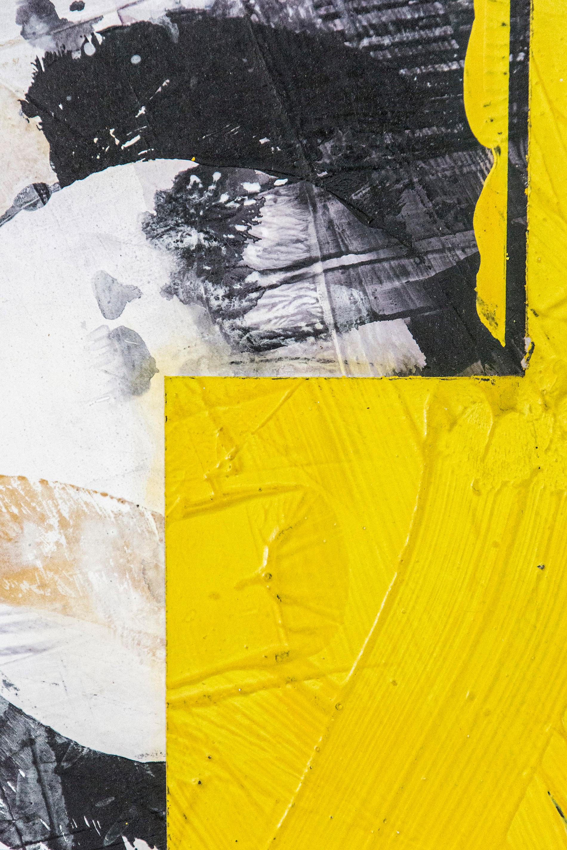 An angled shape in canary yellow floats on a ground of dove grey and black in this mixed media abstract composition. Stoyanov's paintings have a fresco-like quality, the taut surface of the canvas polished to a fine smooth finish. The work has a