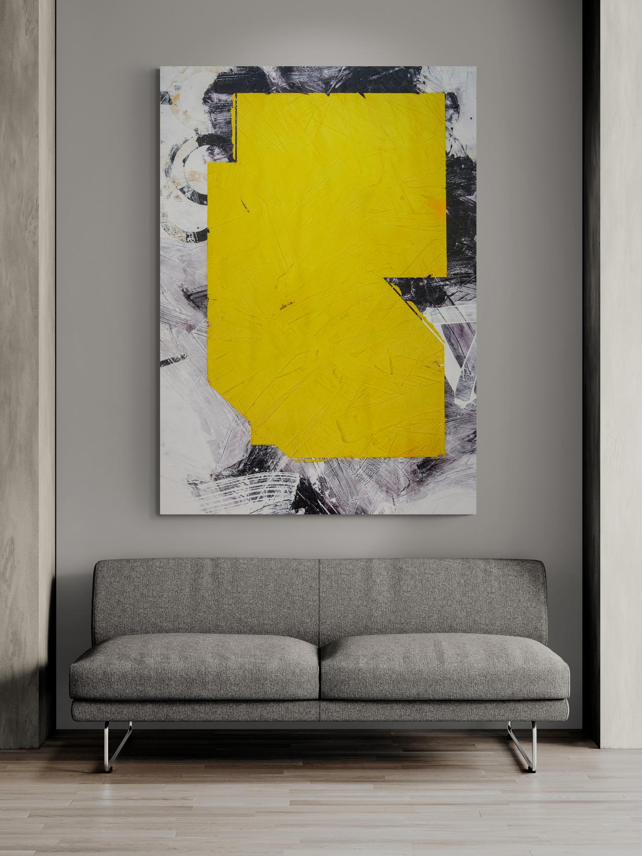 Yellow No 27 - große, kühne abstrakte Formen, Marmorstaub, Acryl, Wachs, auf Leinwand im Angebot 5