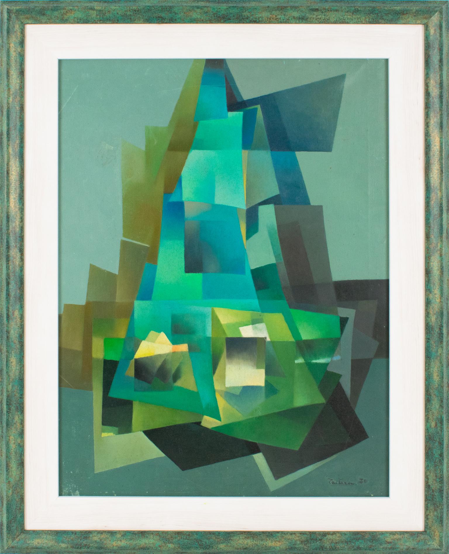 Ivo Tartarini (1912 - 1993) designed this stylish cubist constructivist oil on canvas painting.
This skillful composition and scrupulous construction use contrasting colors with turquoise and green hues. Ivo Taratarini explores the variations of