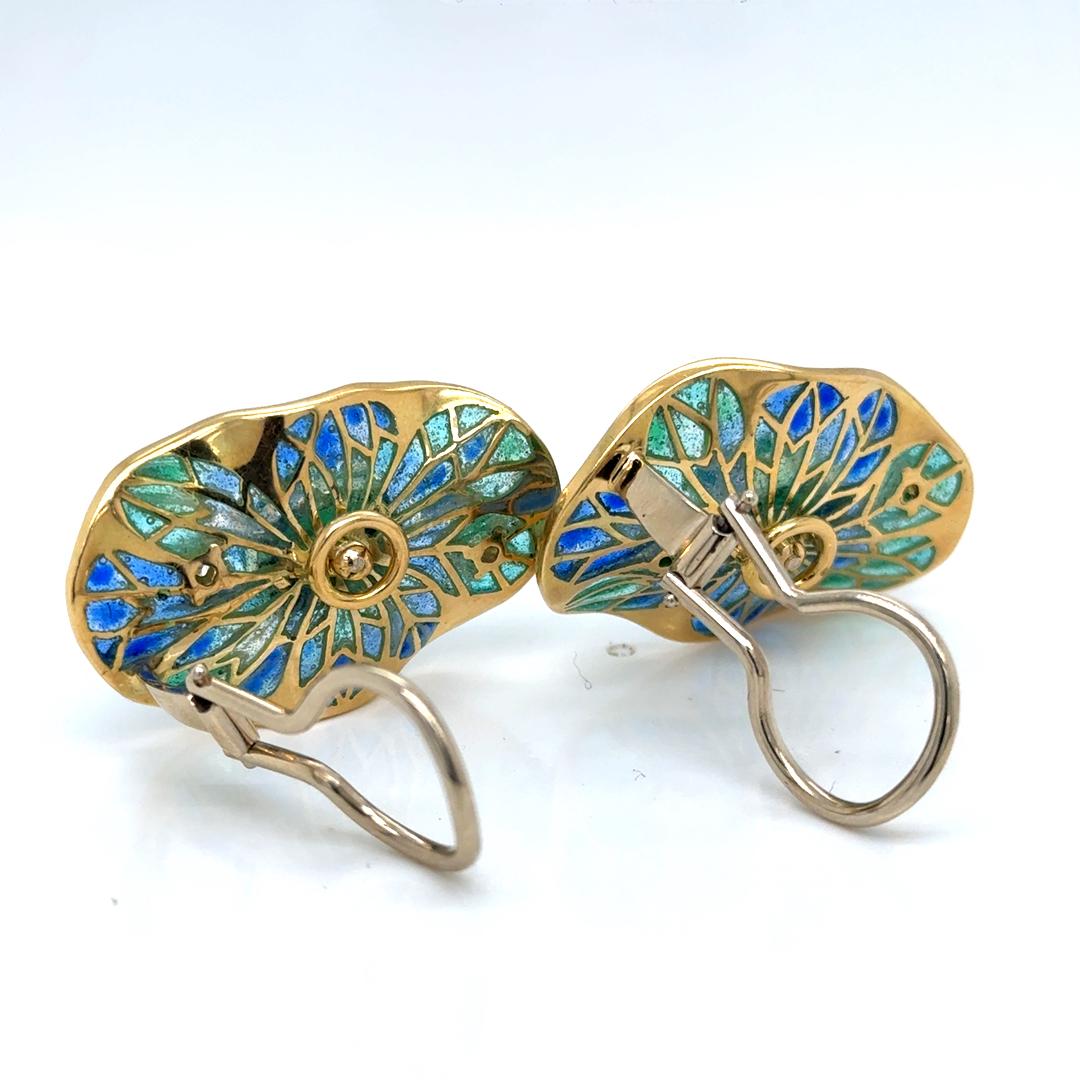 Cabochon Ivor Gordon Vintage 18Kt Gold Enamel Earrings & Brooch Set Emeralds and Diamonds