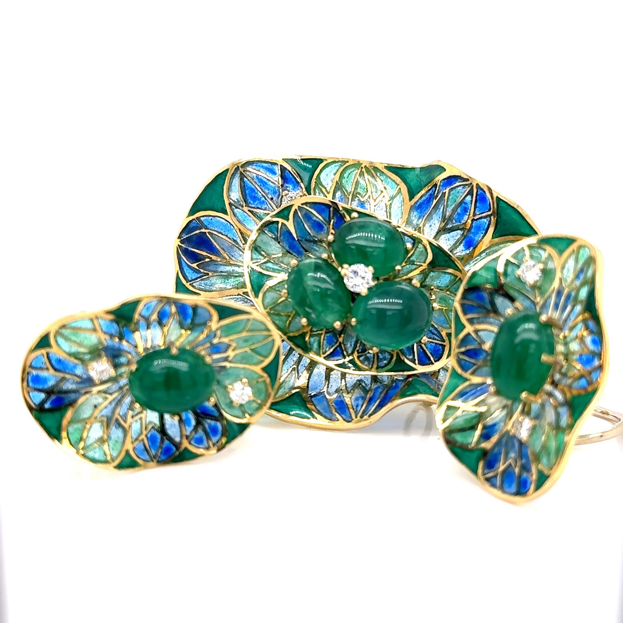 Ivor Gordon Vintage 18Kt Gold Enamel Earrings & Brooch Set Emeralds and Diamonds In Excellent Condition In Miami, FL