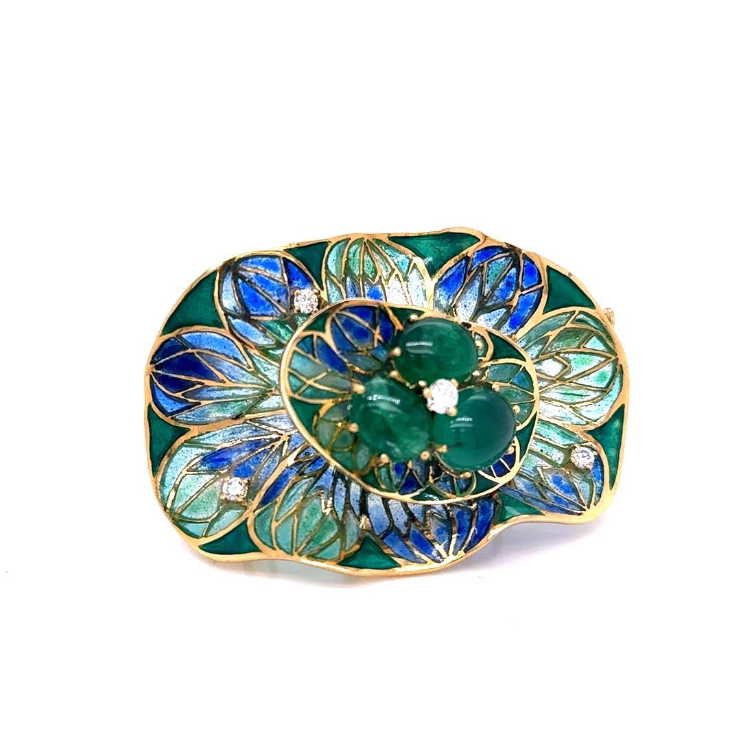 Women's Ivor Gordon Vintage 18Kt Gold Enamel Earrings & Brooch Set Emeralds and Diamonds